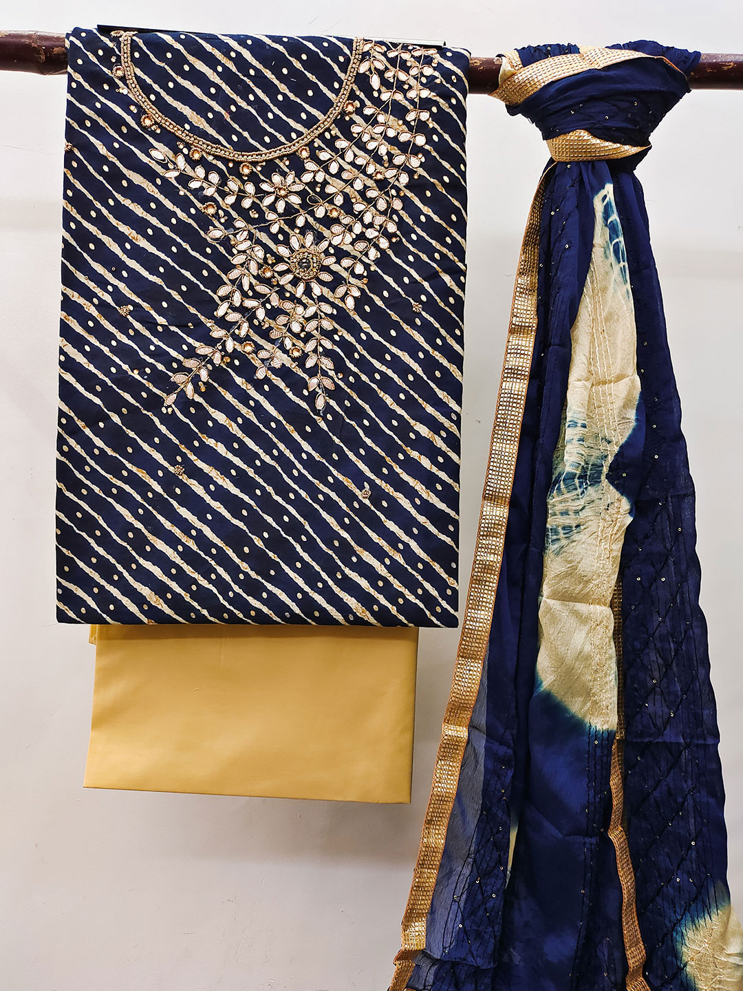 

MANVAA Leheriya Printed Gotta Patti Unstitched Dress Material, Navy blue