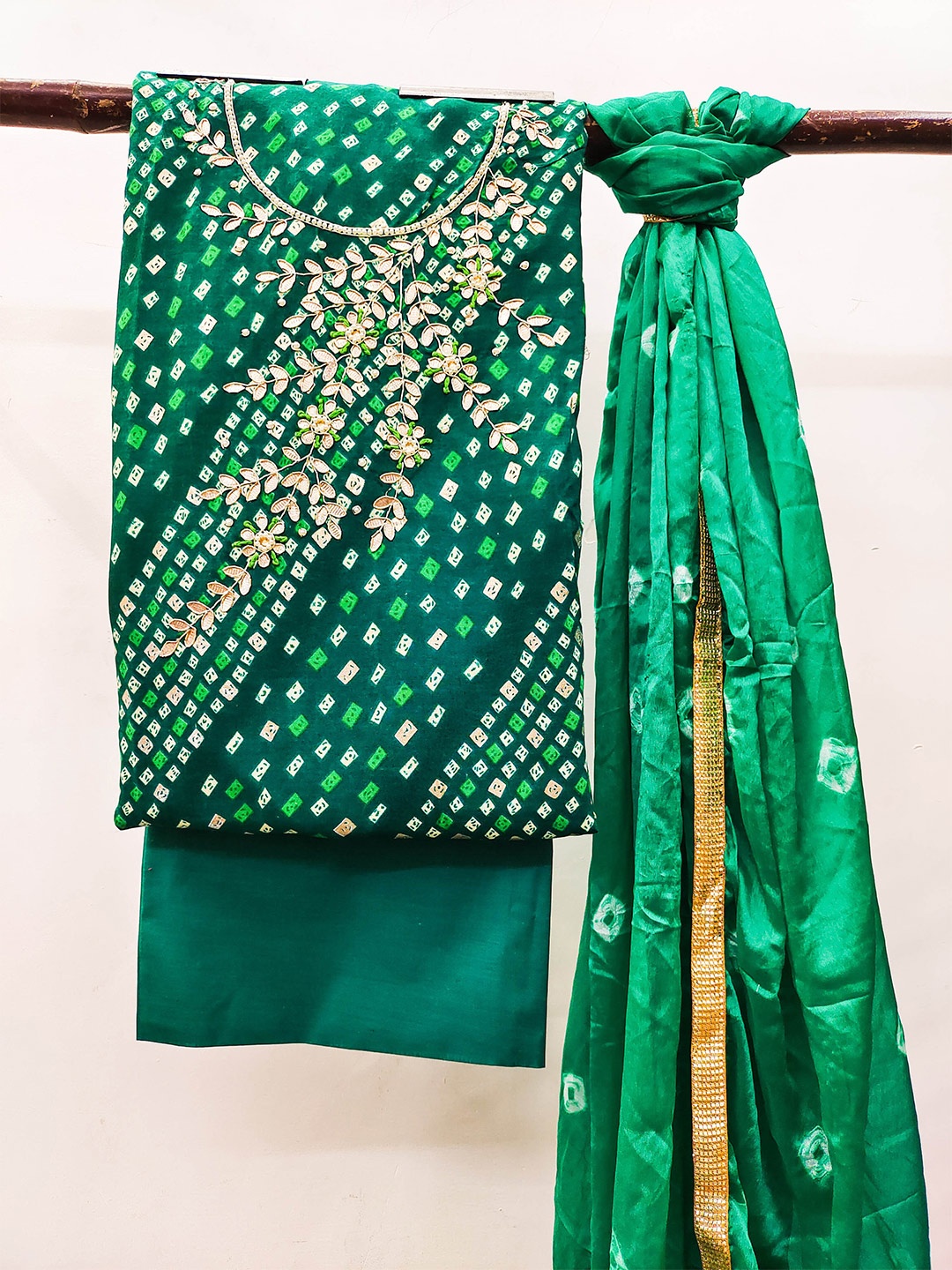 

MANVAA Bandhani Printed Beads and Stones Unstitched Dress Material, Green