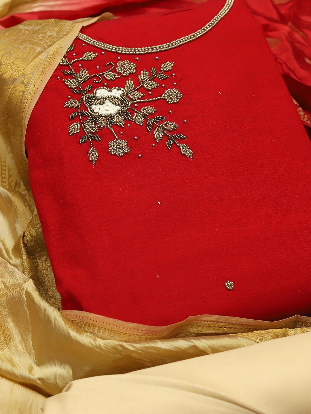 

MANVAA Floral Embellished Unstitched Dress Material, Red