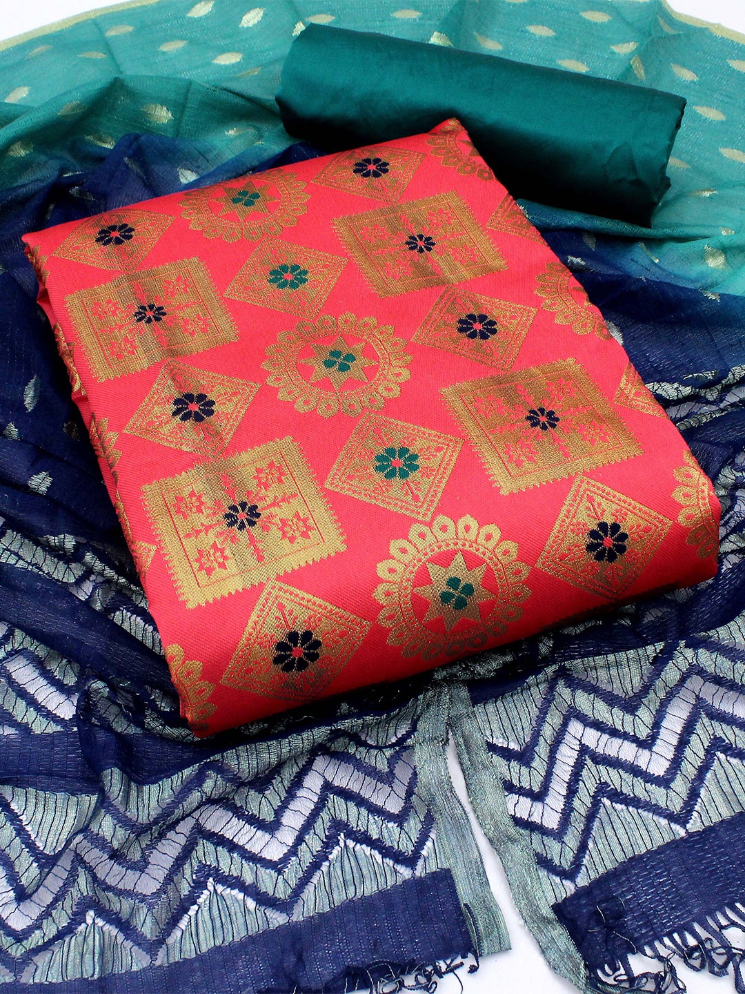 

MANVAA Ethnic Motifs Woven Design Unstitched Dress Material, Pink