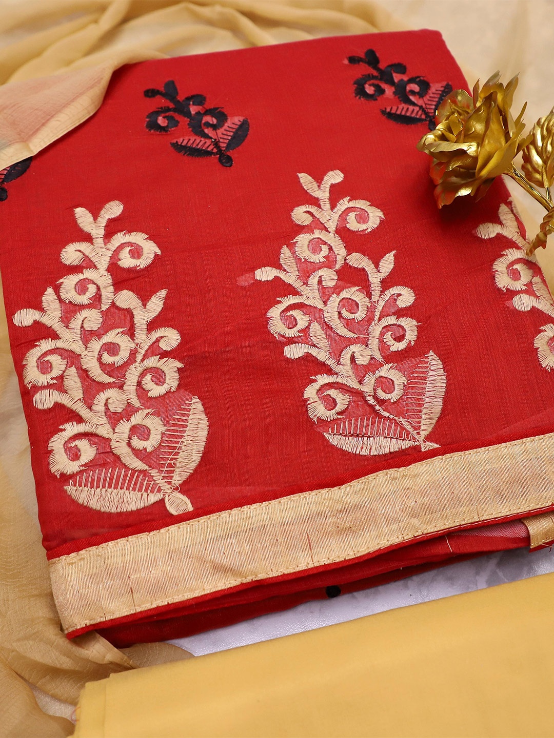

MANVAA Ethnic Motifs Embroidered Unstitched Dress Material, Red