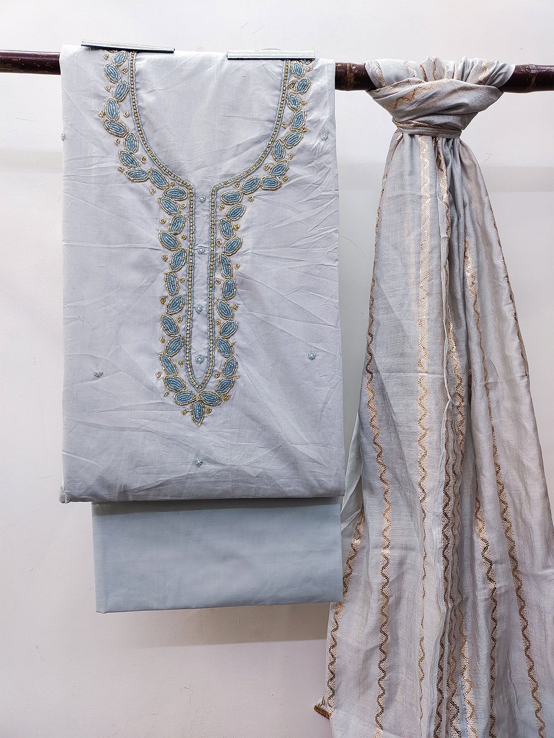 

MANVAA Floral Embellished Unstitched Dress Material, Grey