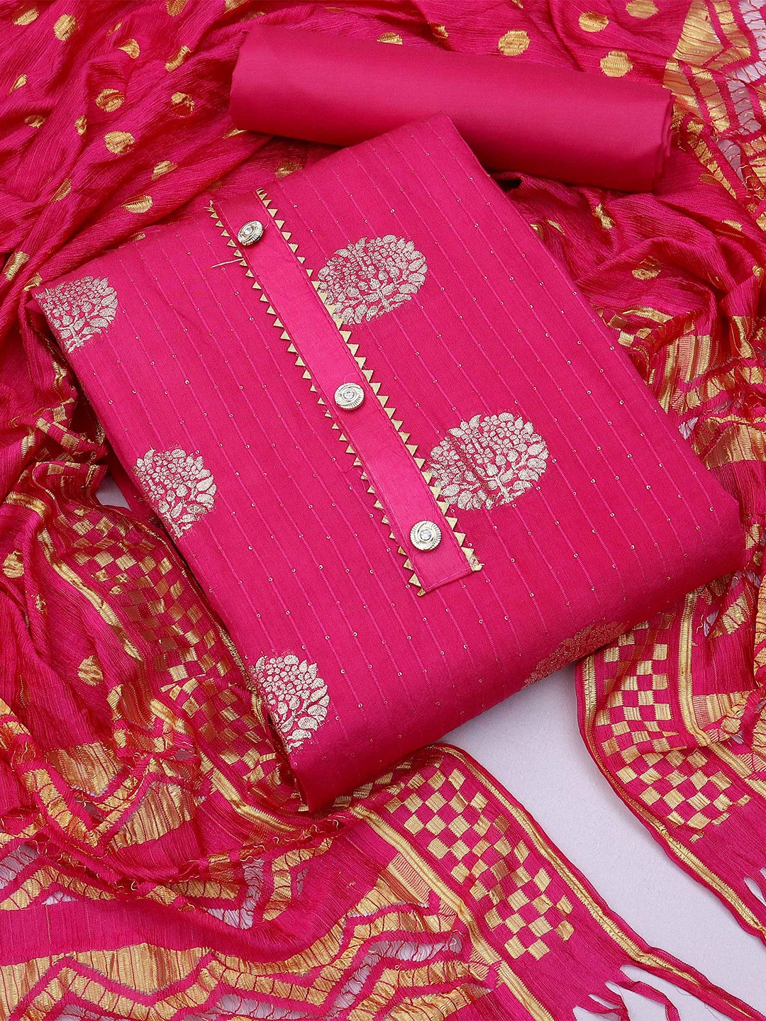 

MANVAA Ethnic Motifs Woven Design Gotta Patti Detail Unstitched Dress Material, Pink