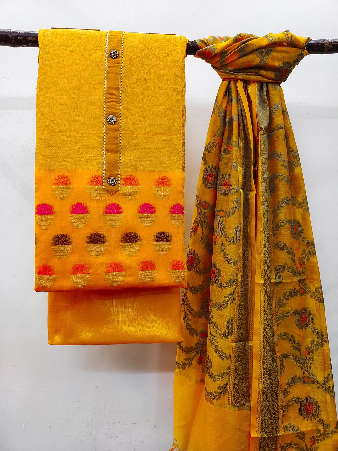 

MANVAA Ethnic Motifs Woven Design Unstitched Dress Material, Yellow