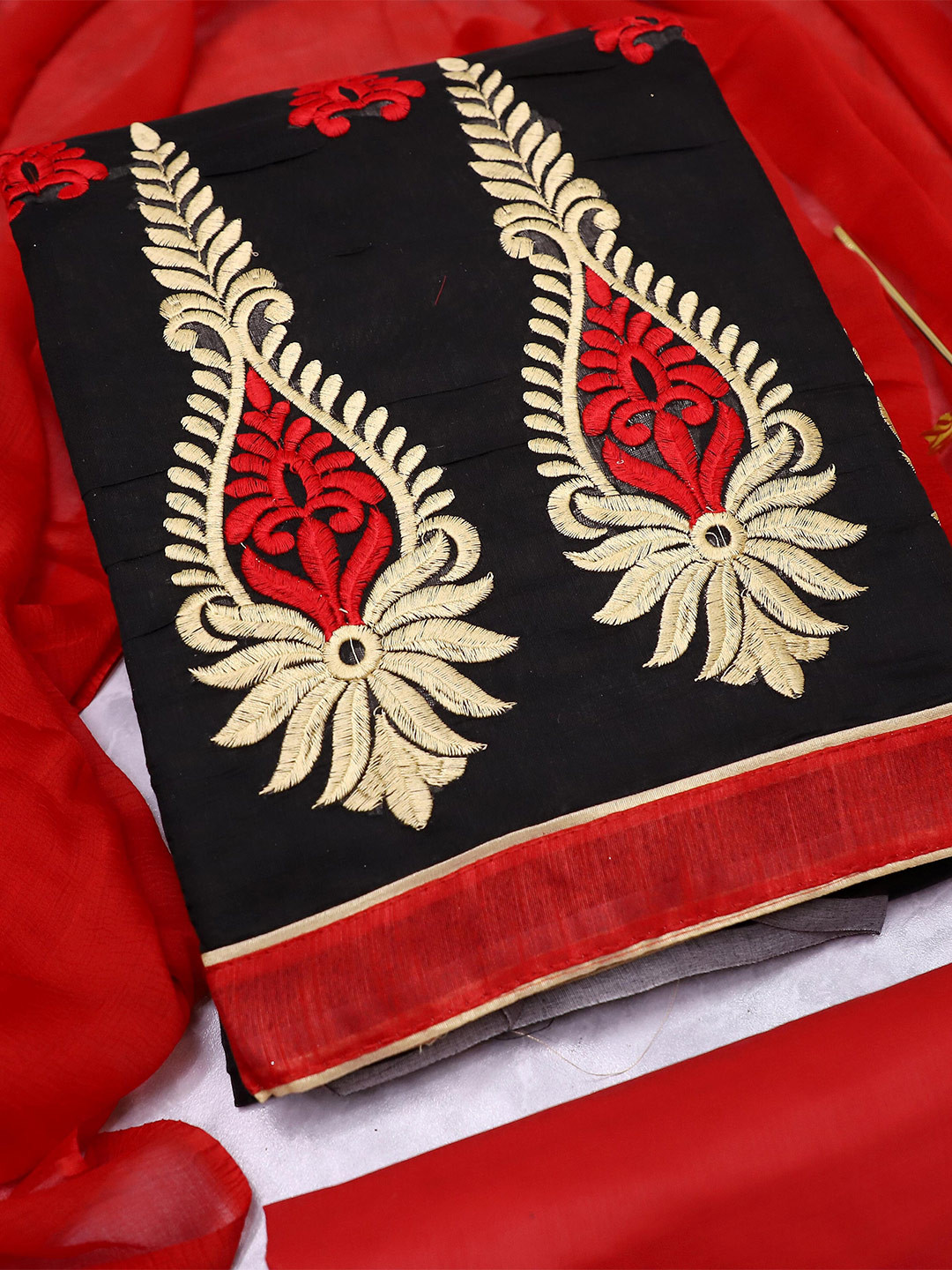 

MANVAA Floral Embroidered Unstitched Dress Material, Black