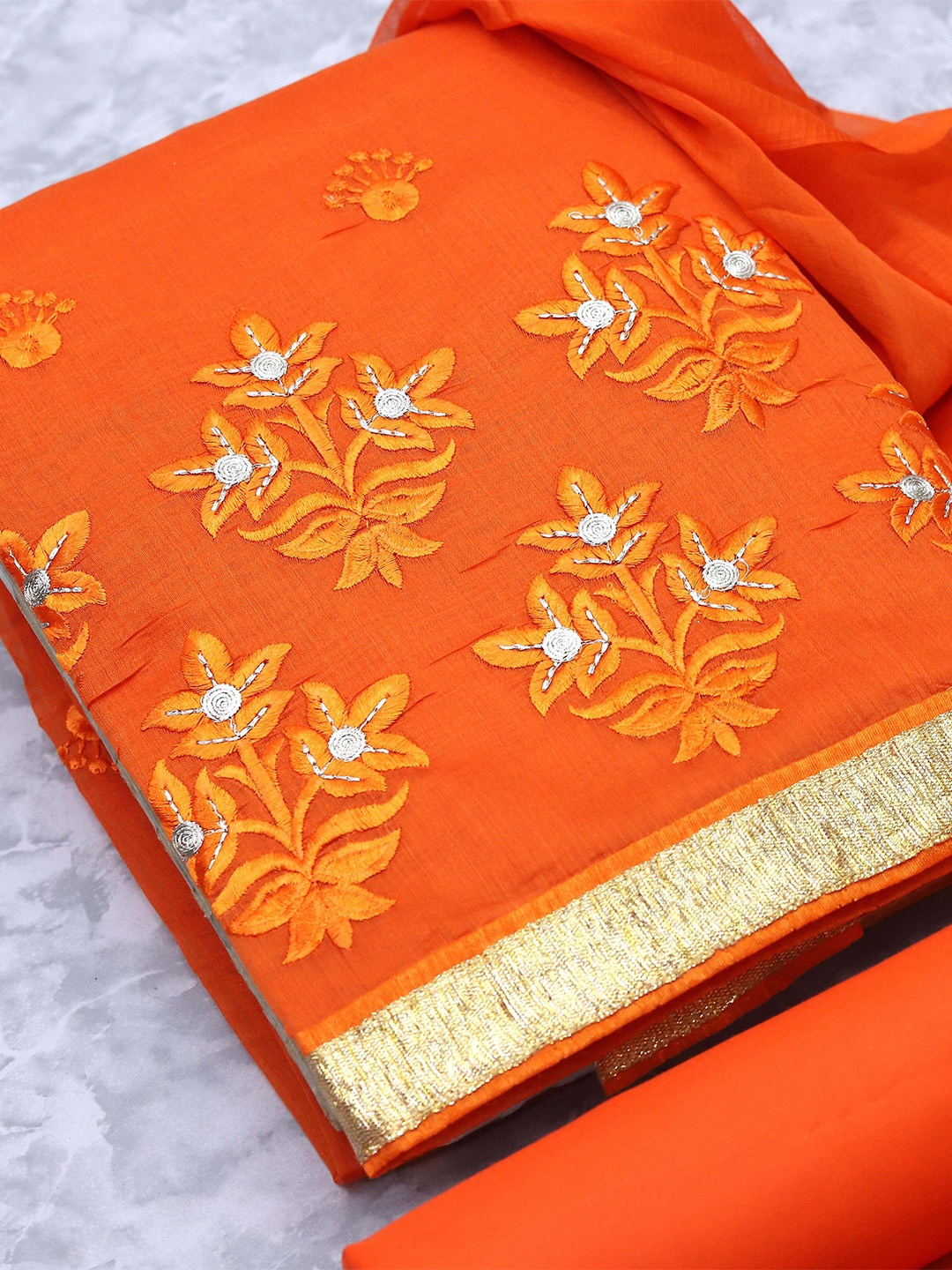 

MANVAA Floral Embroidered Unstitched Dress Material, Orange