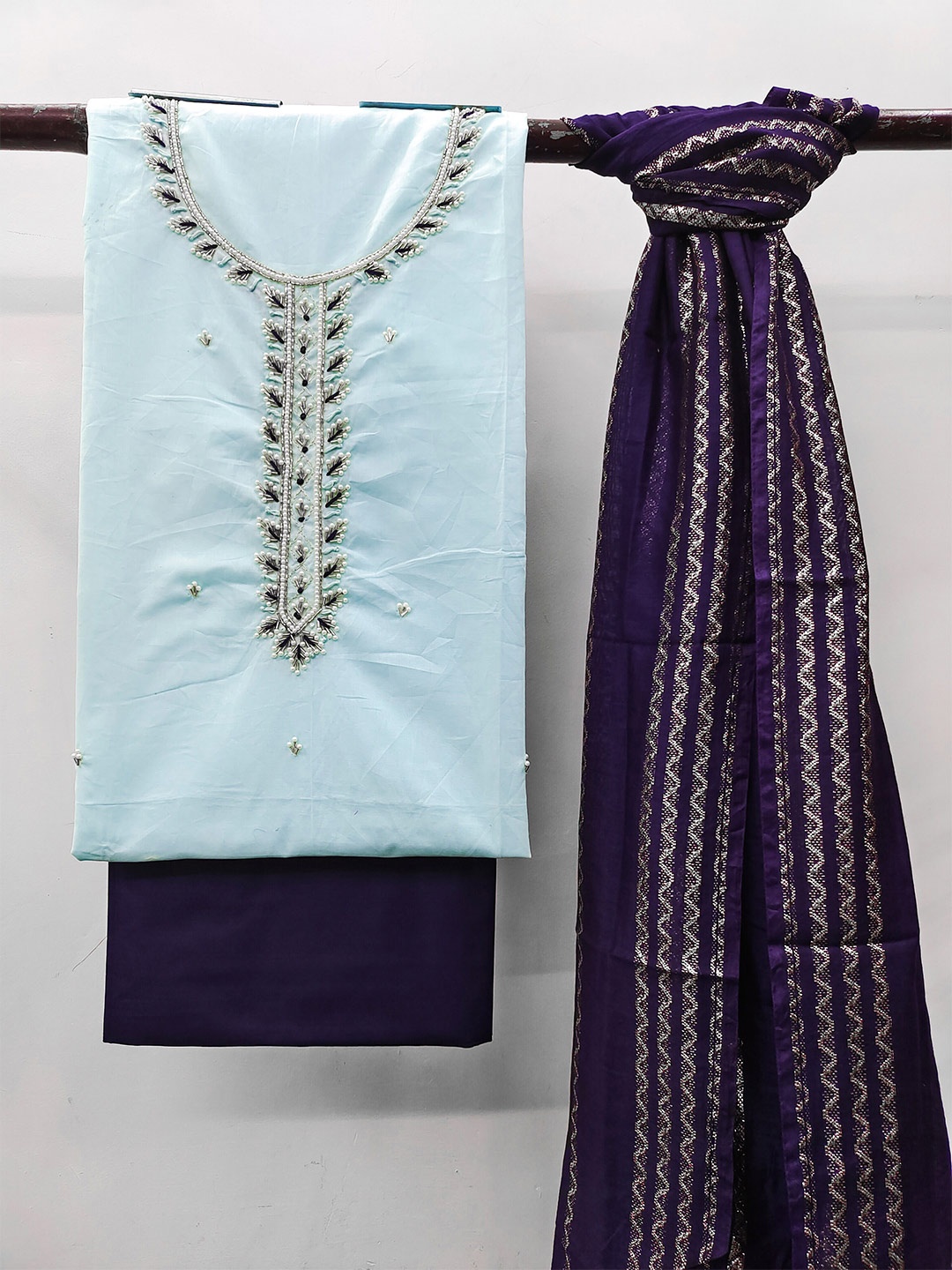 

MANVAA Floral Embellished Beads and Stones Unstitched Dress Material, Sea green