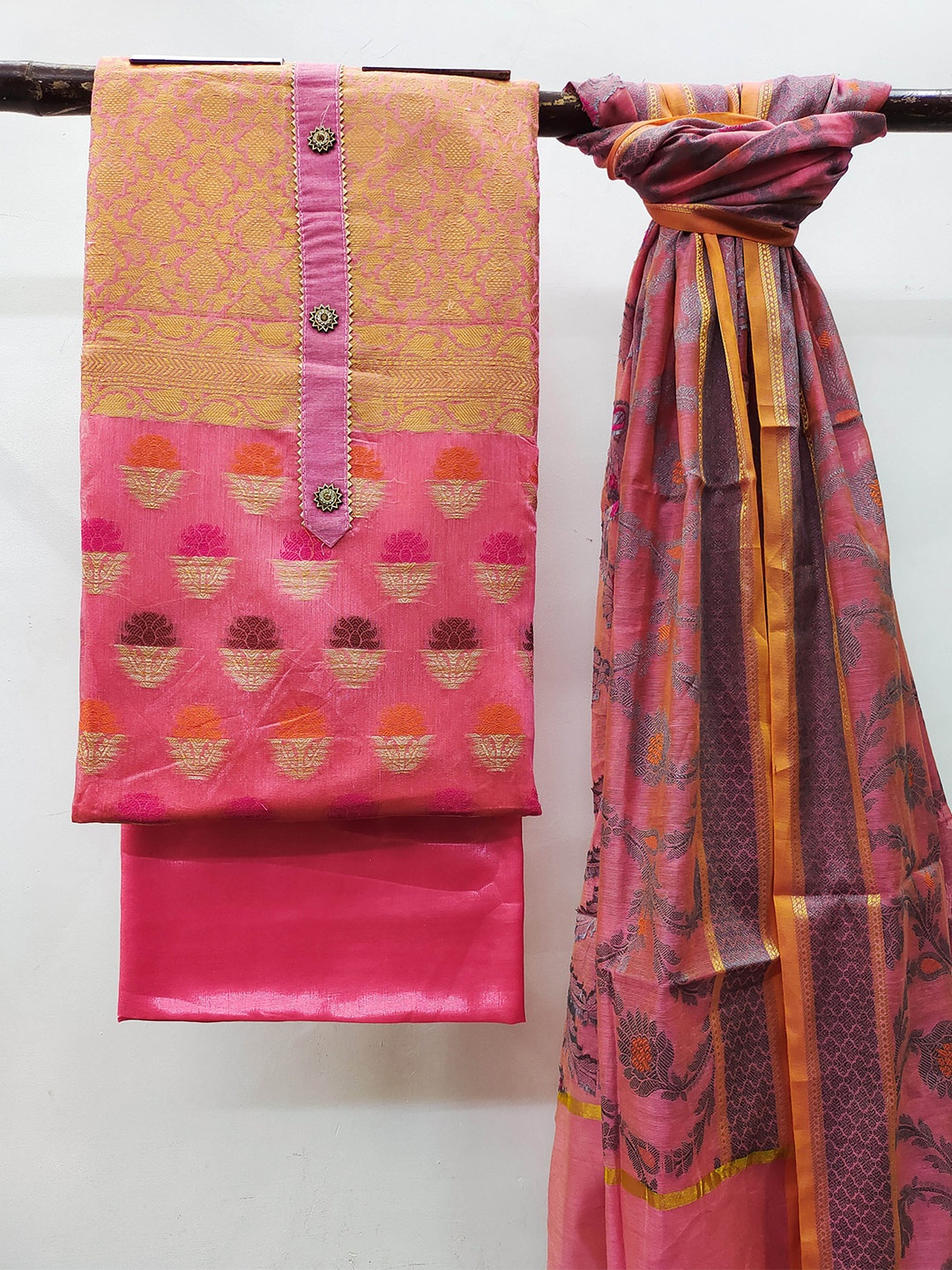 

MANVAA Ethnic Motifs Woven Design Unstitched Dress Material, Pink