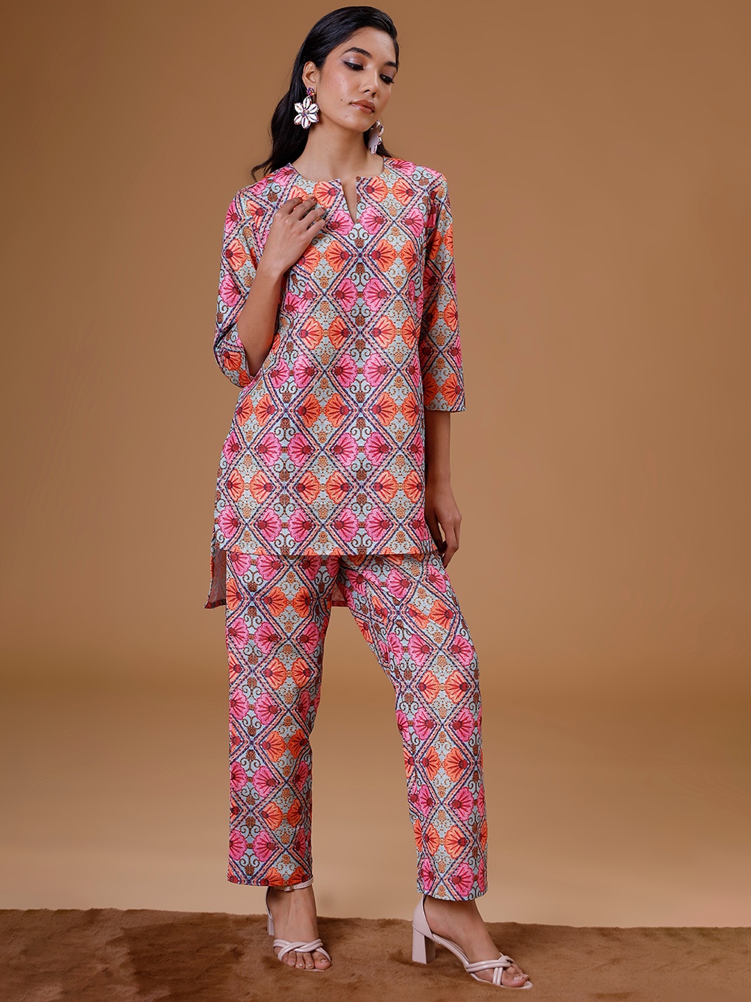 

soan Printed Notch Neck Co-Ord Set, Pink