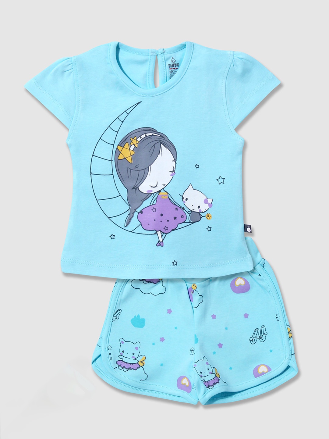 

Moms Love Infant Girls Printed Pure Cotton T-shirt With Shorts, Blue