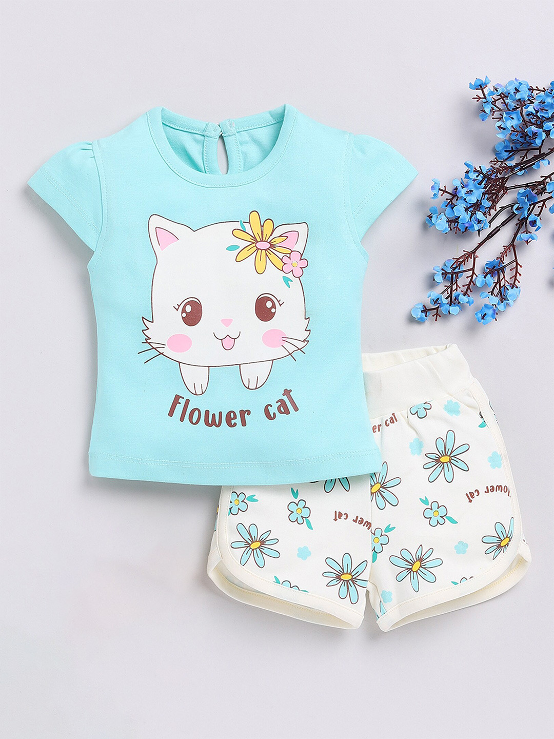 

Moms Love Infant Girls Printed Pure Cotton T-Shirt With Shorts, Sea green