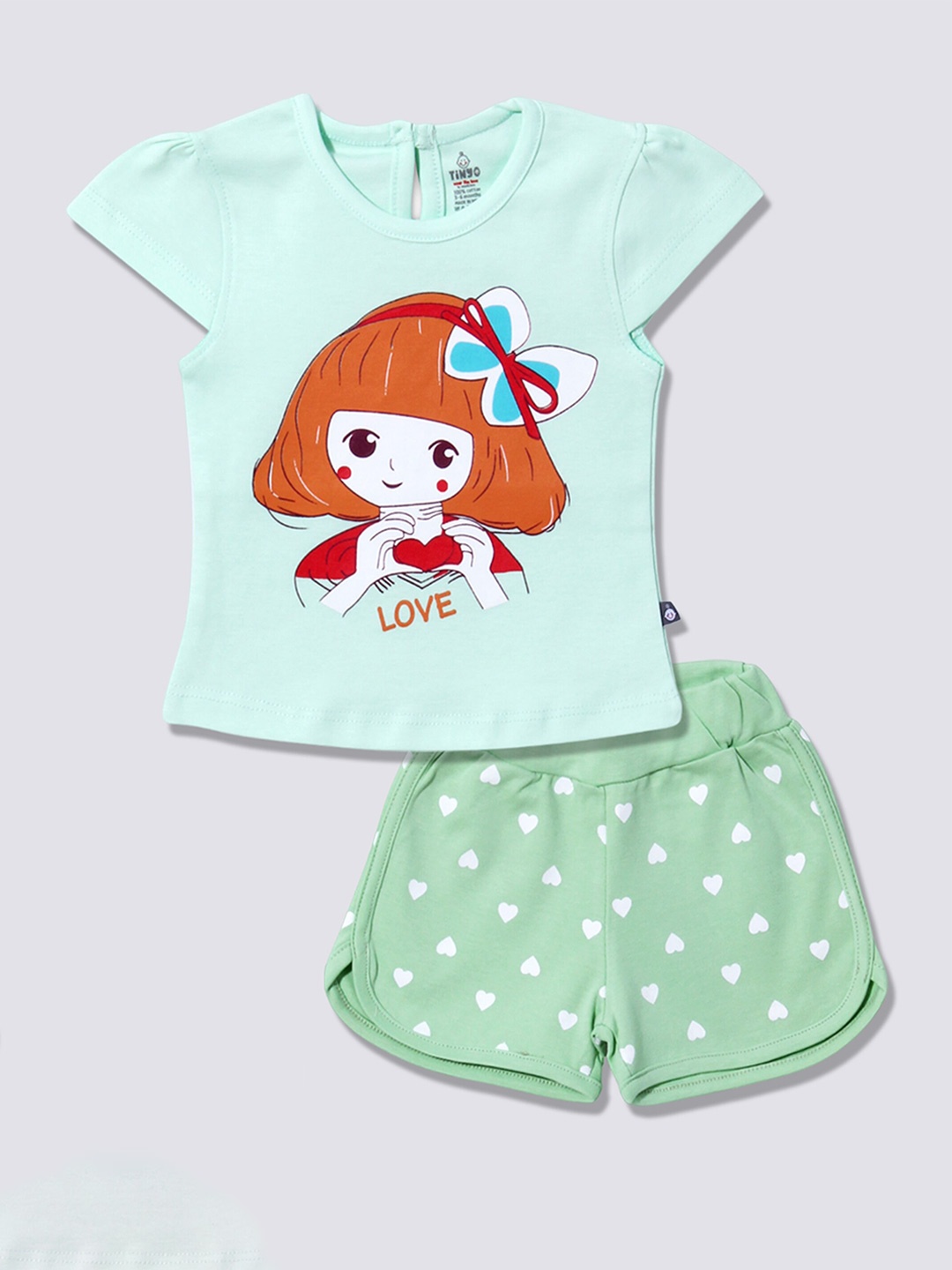 

Moms Love Infant Girls Graphic Printed Cap Sleeves Pure Cotton T-shirt with Shorts, Sea green