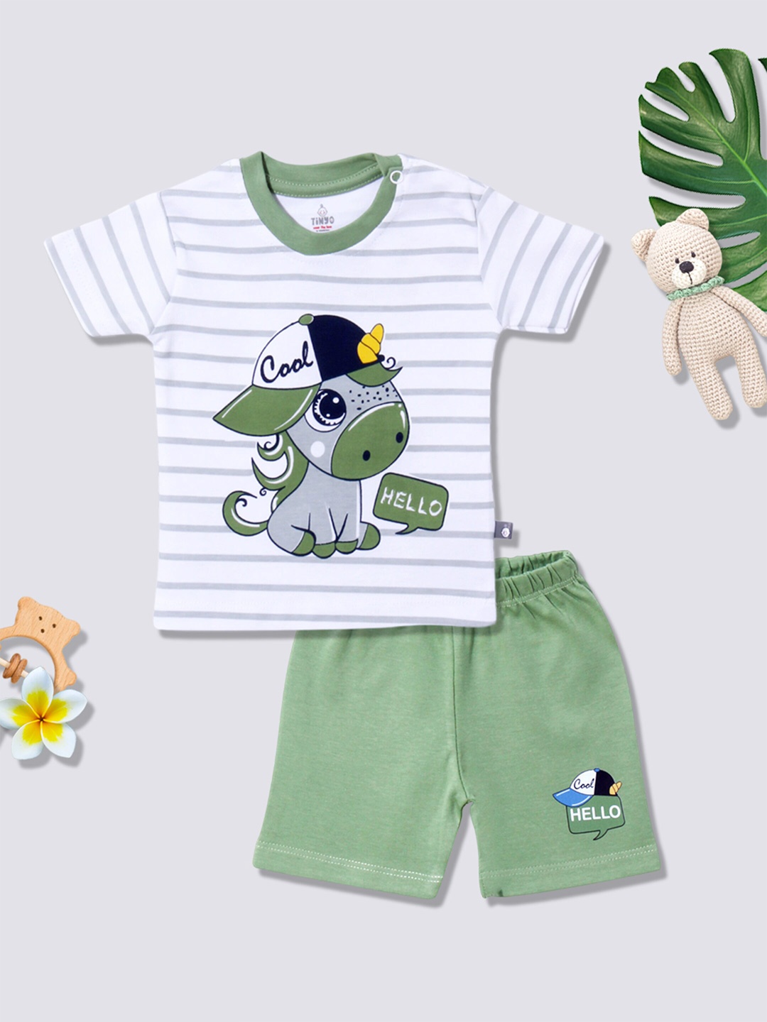 

Moms Love Infant Boys Printed Pure Cotton T-Shirt With Shorts, Green