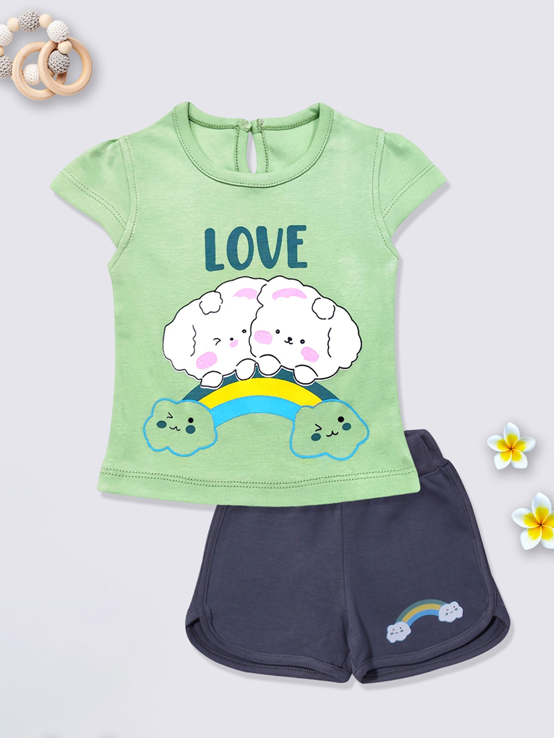 

Moms Love Infant Girls Graphic Printed Cap Sleeves Pure Cotton T-shirt with Shorts, Green