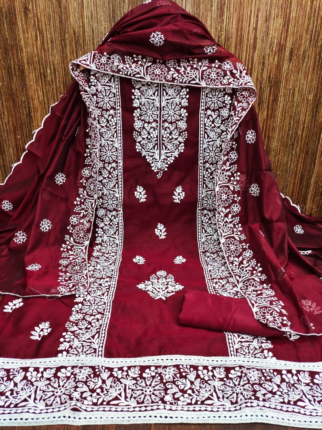 

Panzora Floral Embroidered Art Silk Unstitched Dress Material, Maroon