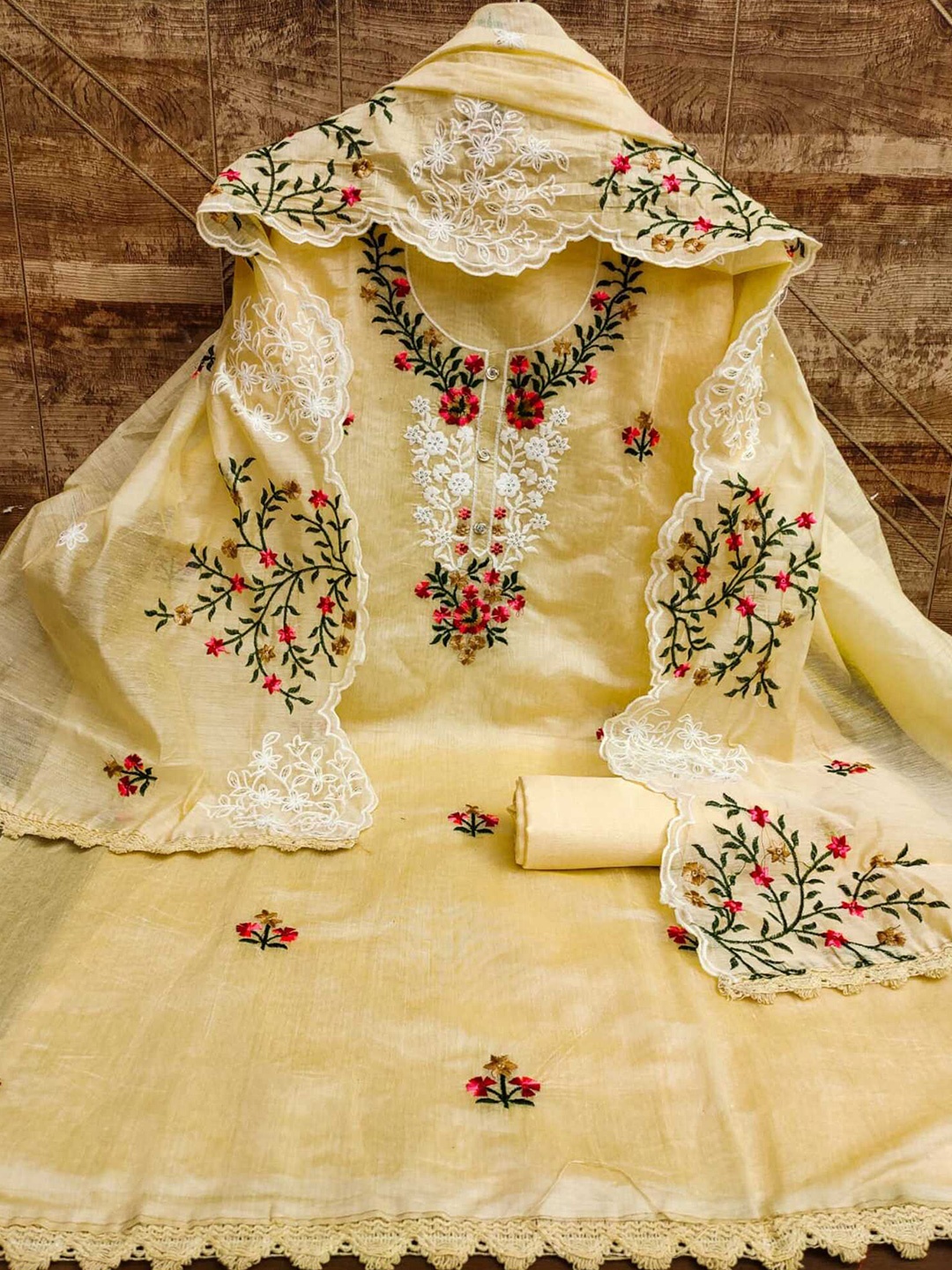 

Panzora Floral Embroidered Art Silk Unstitched Dress Material, Yellow