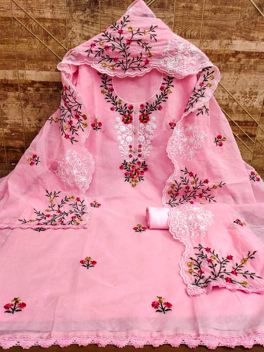 

Panzora Floral Embroidered Art Silk Unstitched Dress Material, Pink
