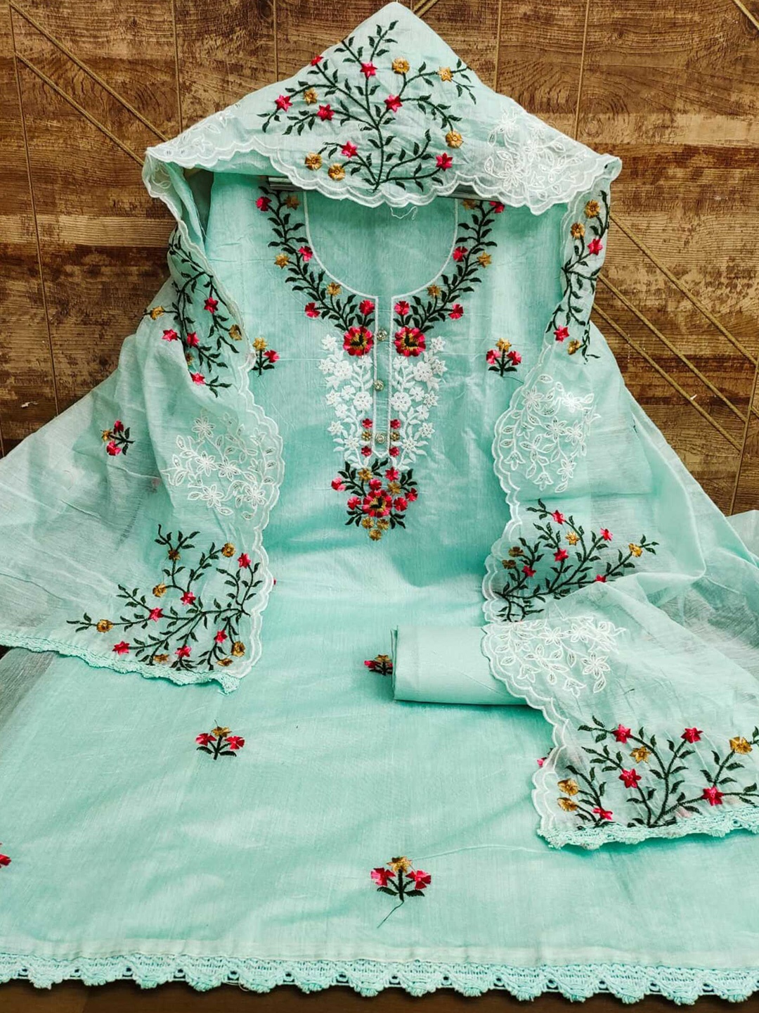

Panzora Floral Embroidered Art Silk Unstitched Dress Material, Blue