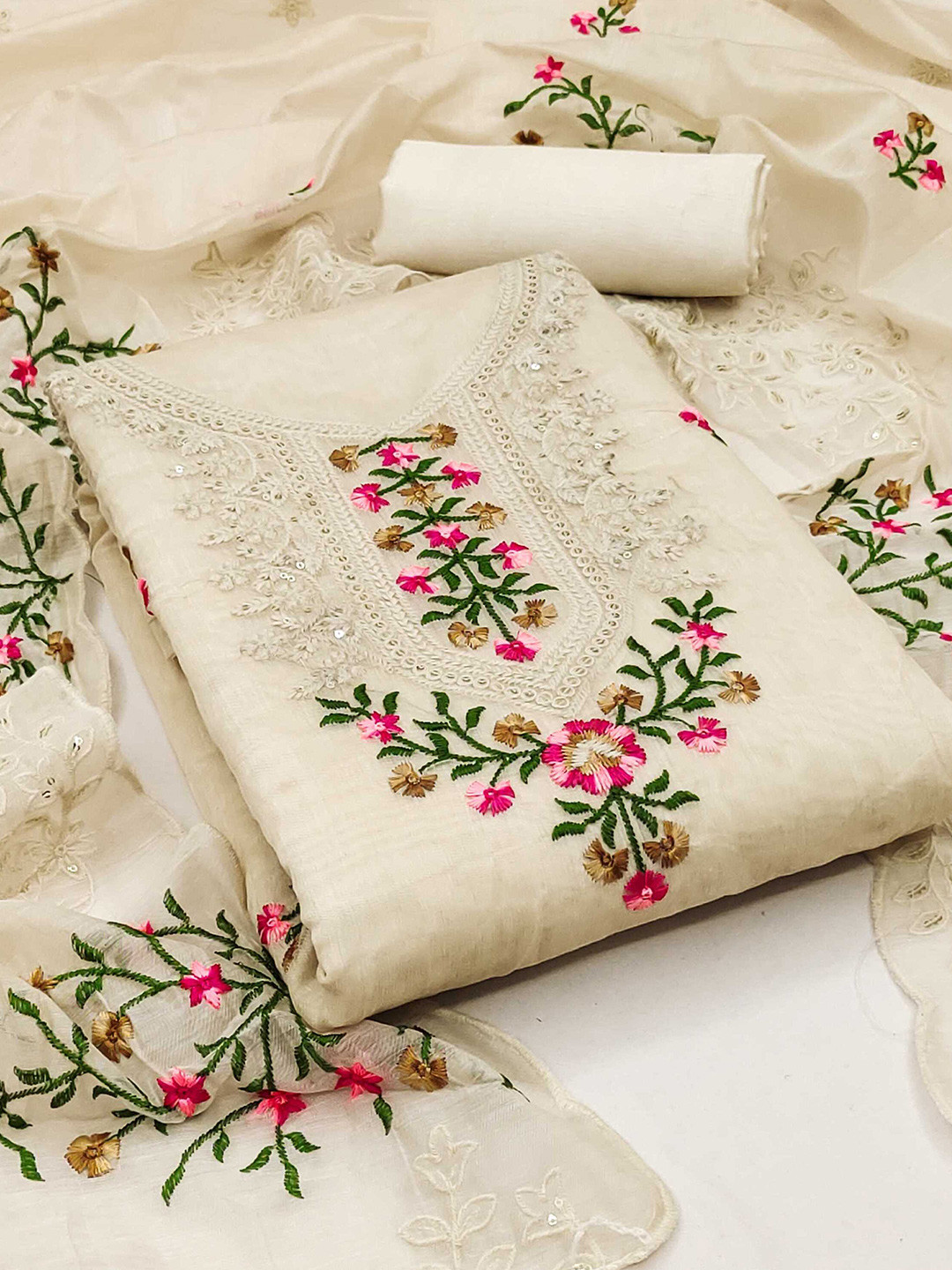 

Panzora Embroidered Art Silk Unstitched Dress Material, Cream