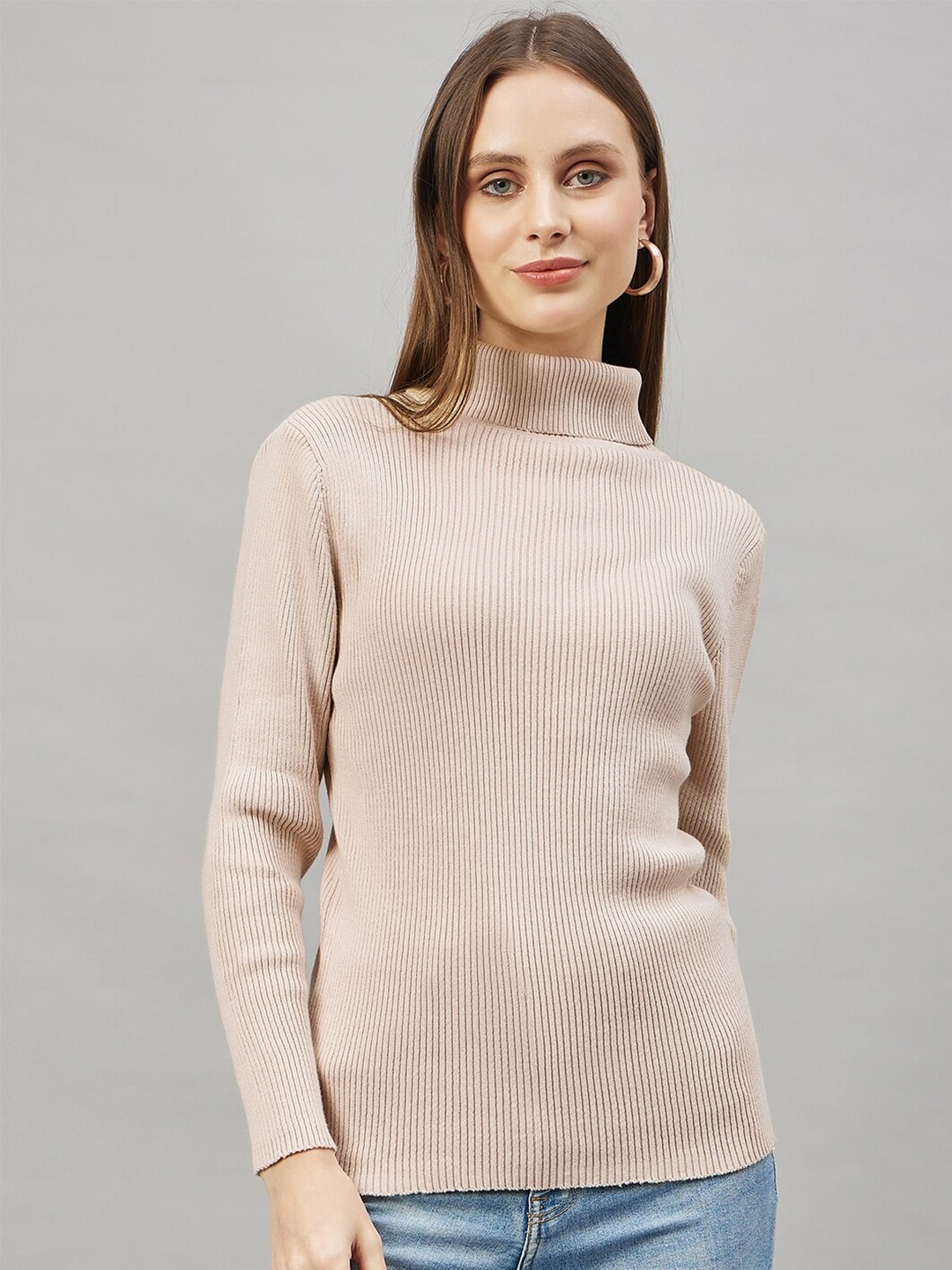 

RVK Ribbed Turtle Neck Pure Cotton Pullover Sweater, Beige