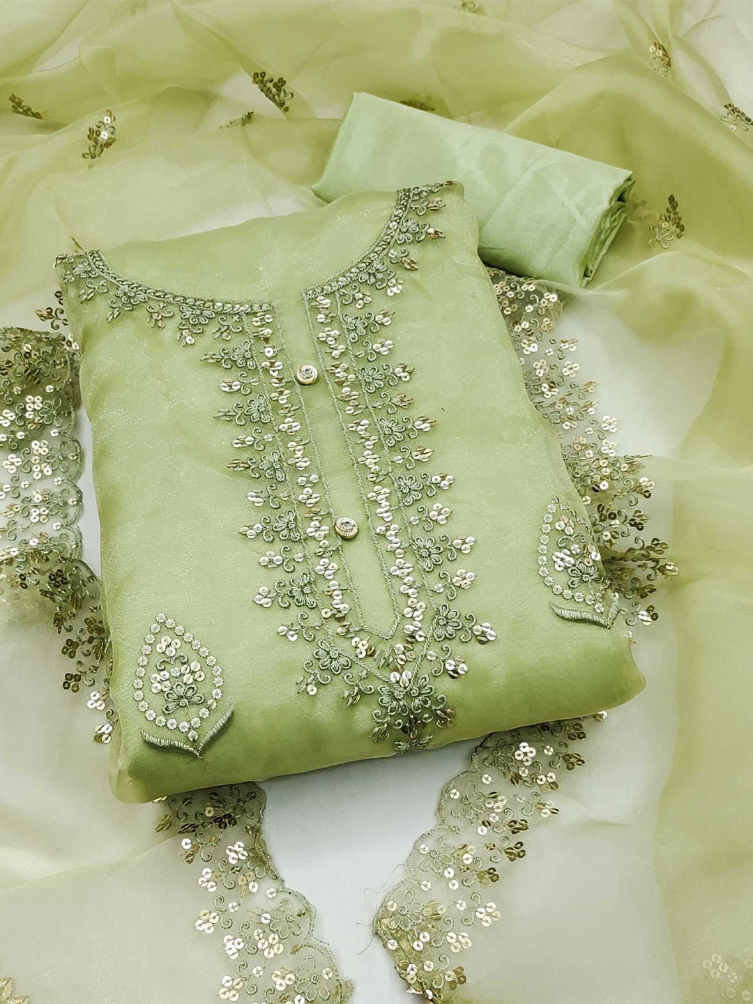 

Panzora Floral Embroidered Unstitched Dress Material, Green