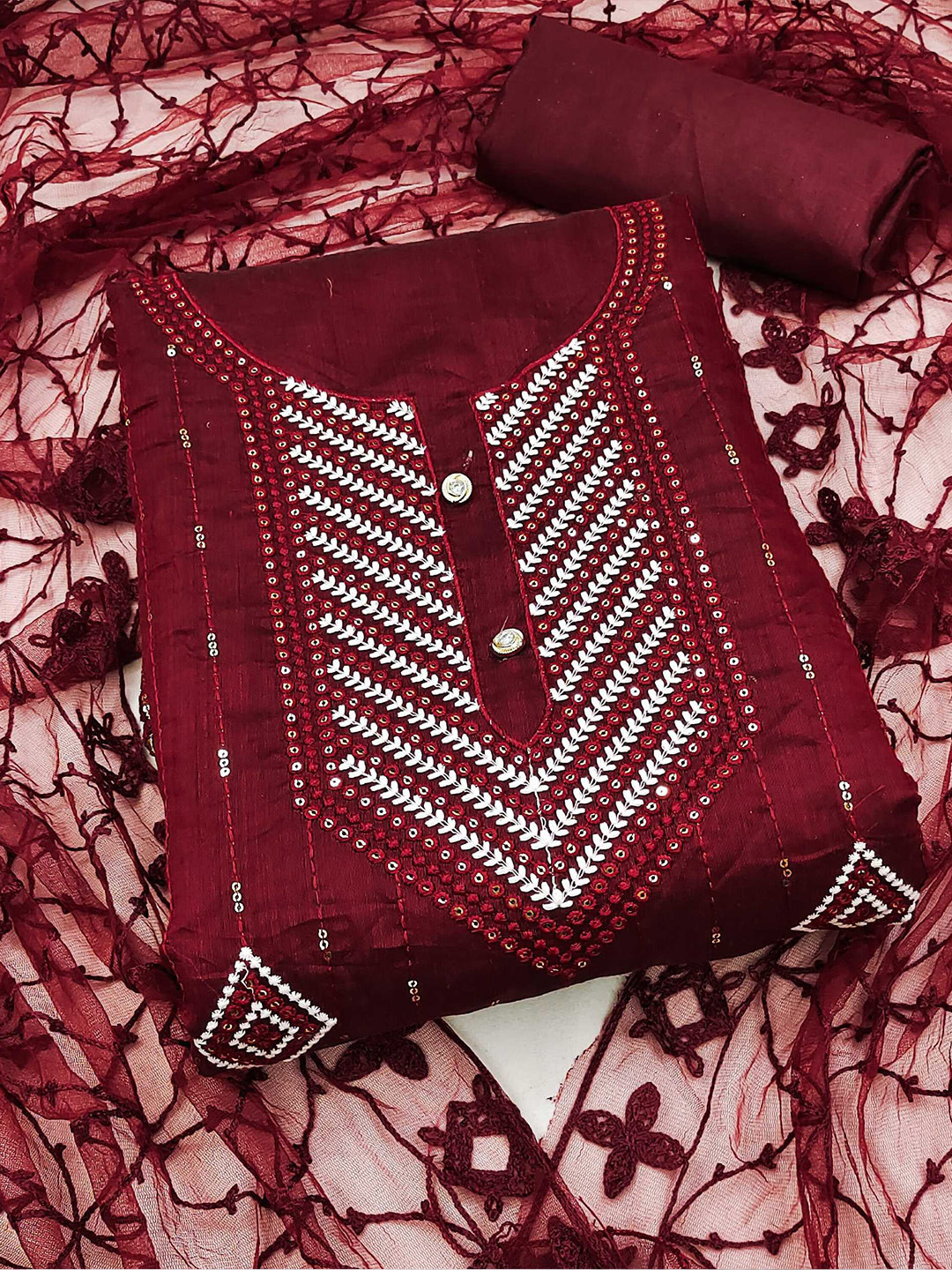 

Panzora Embroidered Art Silk Unstitched Dress Material, Maroon