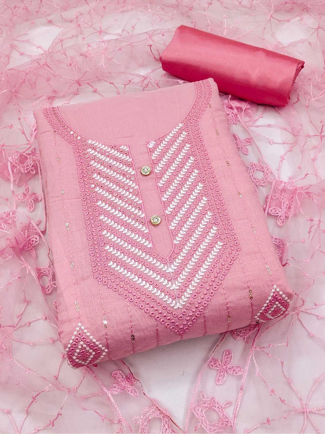 

Panzora Embroidered Art Silk Unstitched Dress Material, Pink