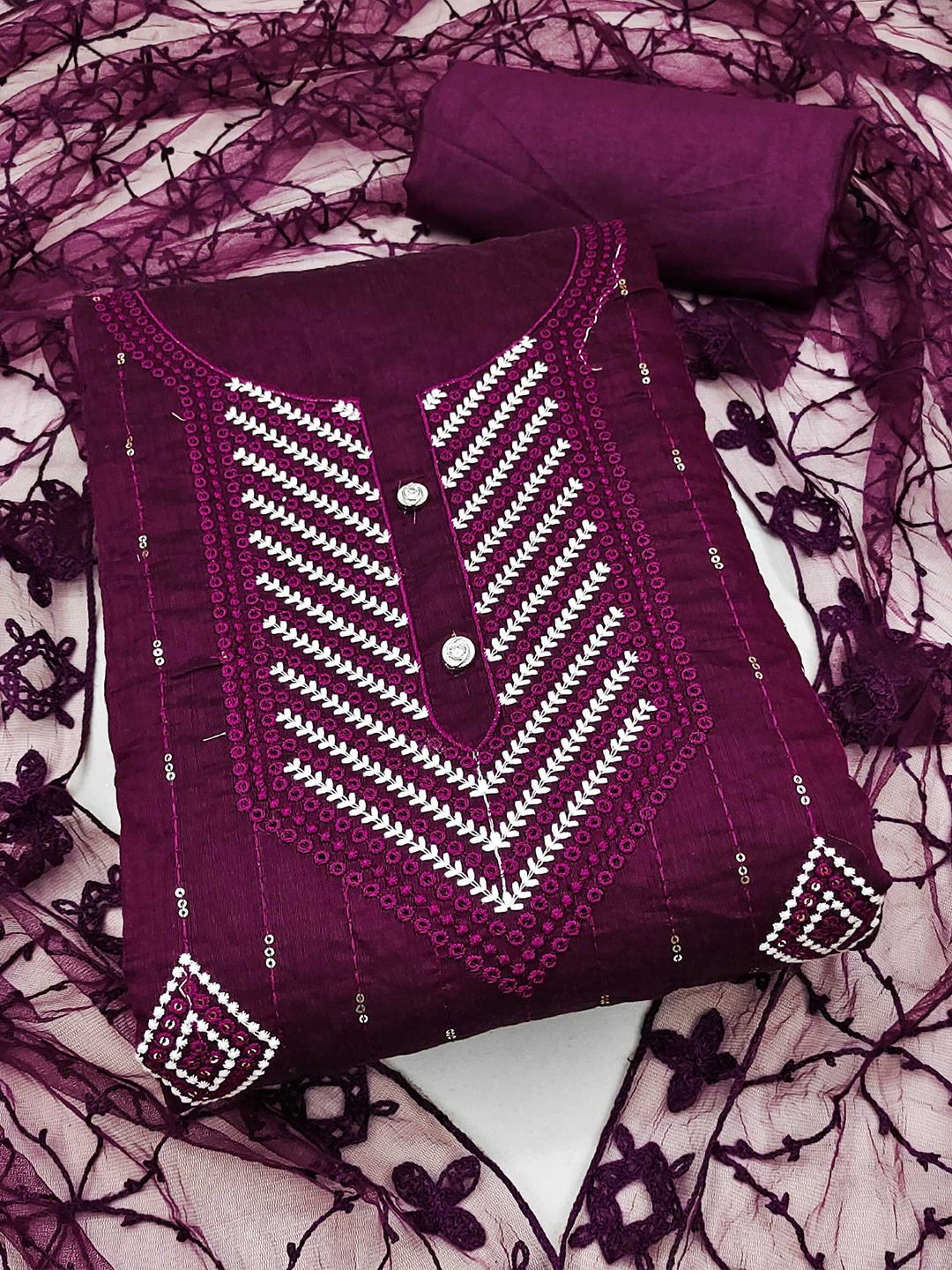 

Panzora Embroidered Sequined Unstitched Dress Material, Purple
