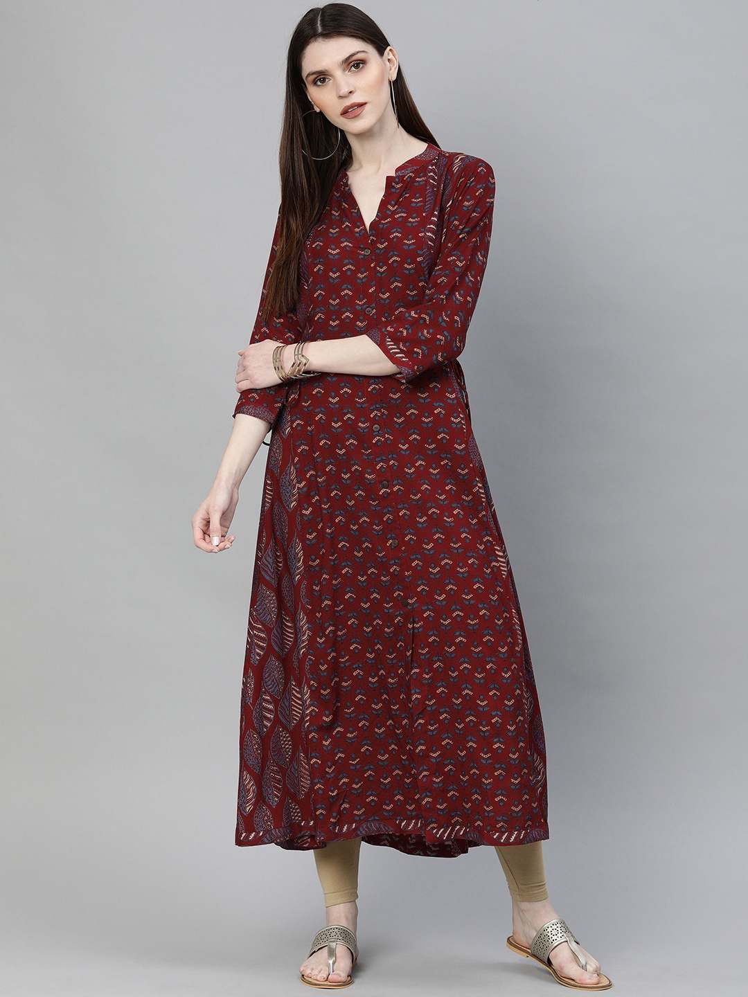 

KALINI Ethnic Motifs Printed Mandarin Collar Anarkali Kurta, Maroon