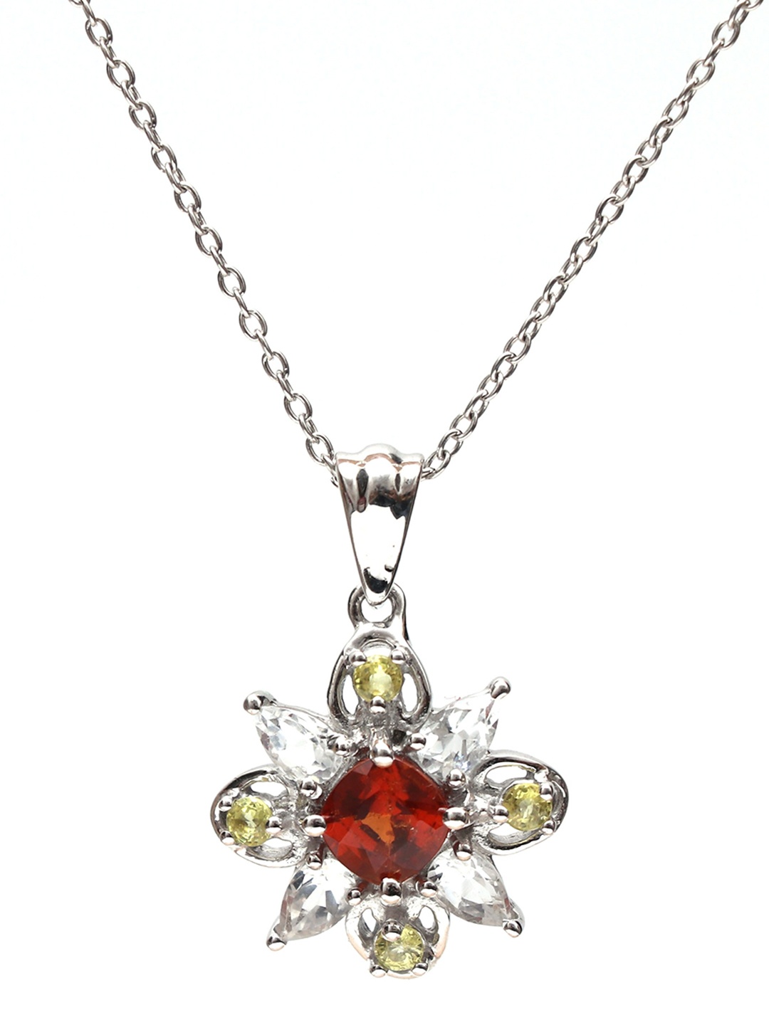 

HIFLYER JEWELS Sterling Silver Garnet-Studded Floral-Charm Pendant, Red