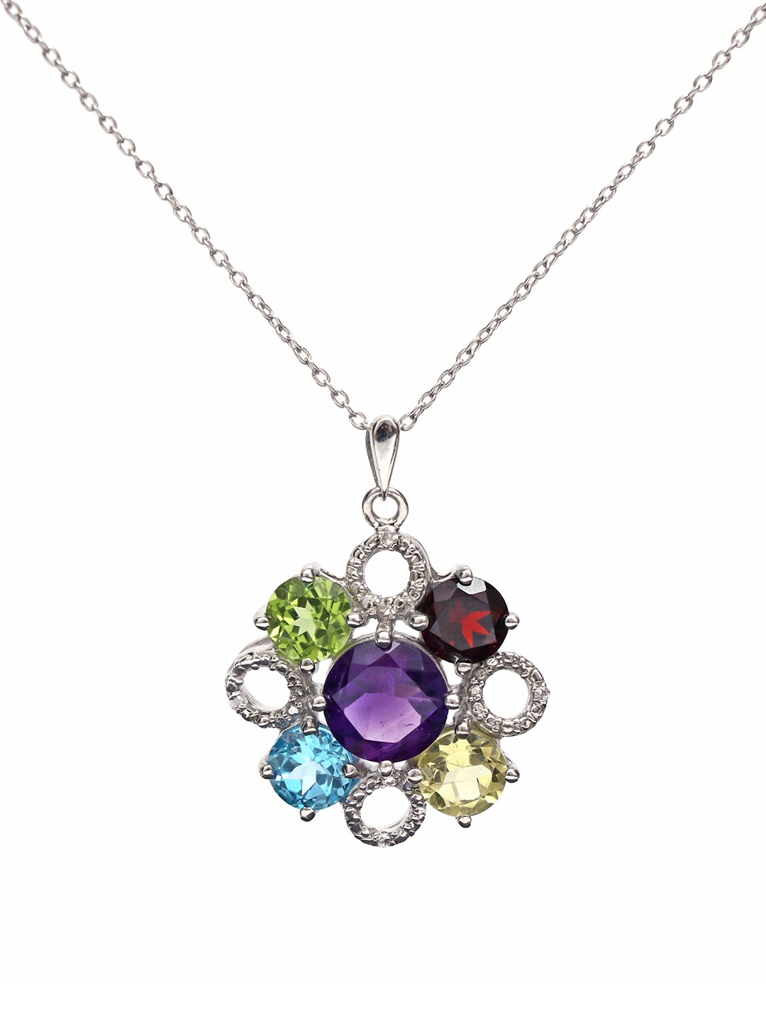

HIFLYER JEWELS Sterling Silver Garnet-Studded Floral-Charm Pendant