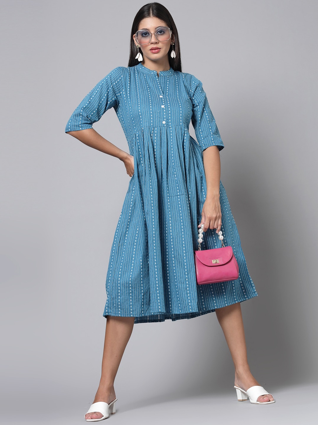 

KALINI Set Of 2 Striped Printed Mandarin Collar Cotton Pleated A-Line Kurta, Blue