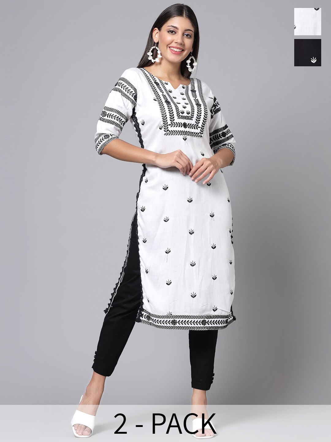 

KALINI Set Of 2 Geometric Notch Neck Cotton Embroidered Kurta, Black