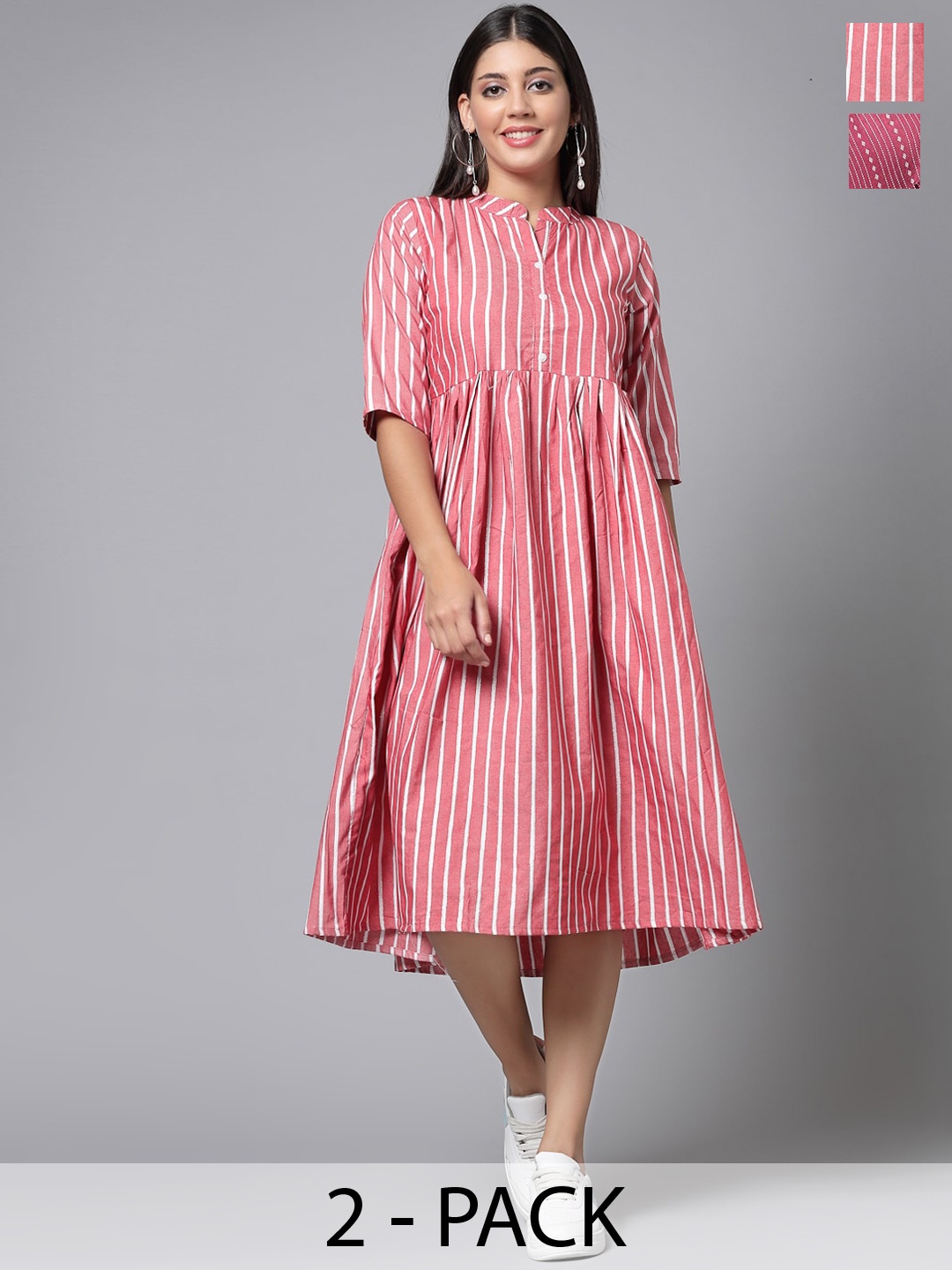

KALINI Set Of 2 Striped Printed Mandarin Collar Cotton Pleated A-Line Kurta, Pink