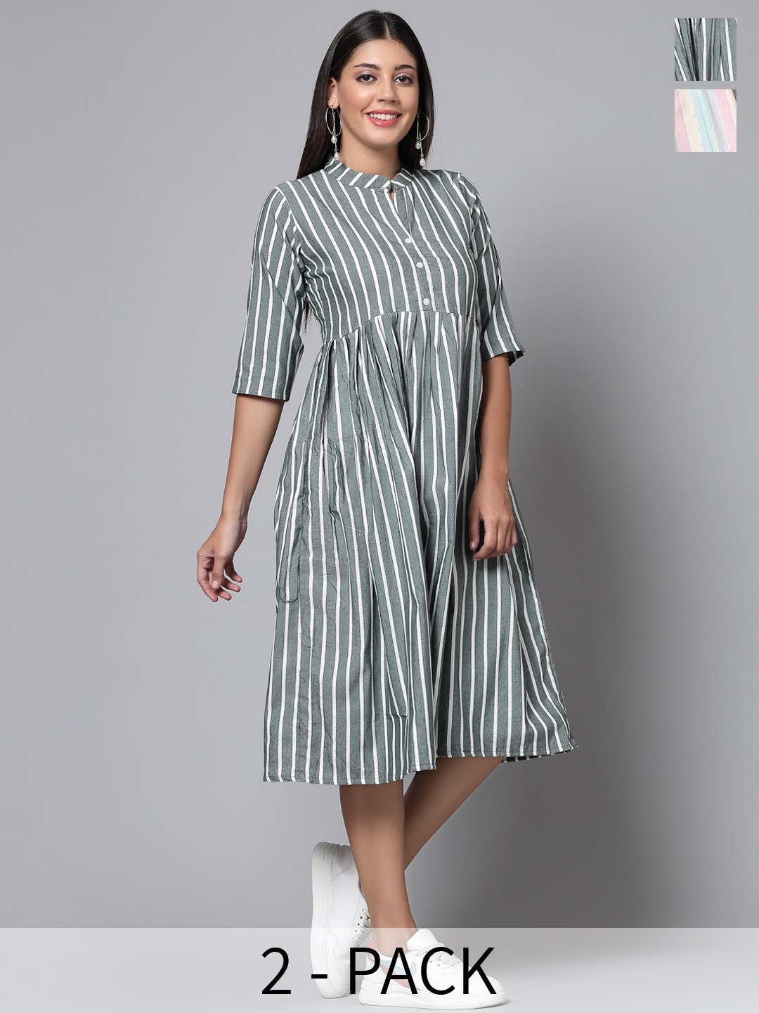 

KALINI Set Of 2 Striped Printed Mandarin Collar Cotton Pleated A-Line Kurta, Grey