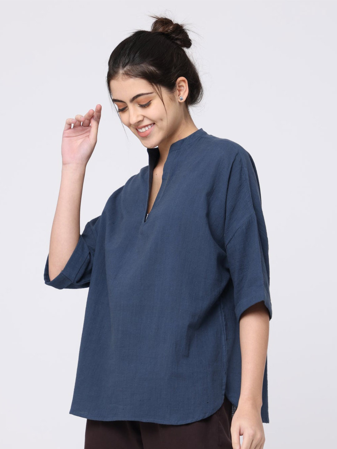 

Saltpetre Mandarin Collar Drop Shoulder Sleeve Top, Navy blue