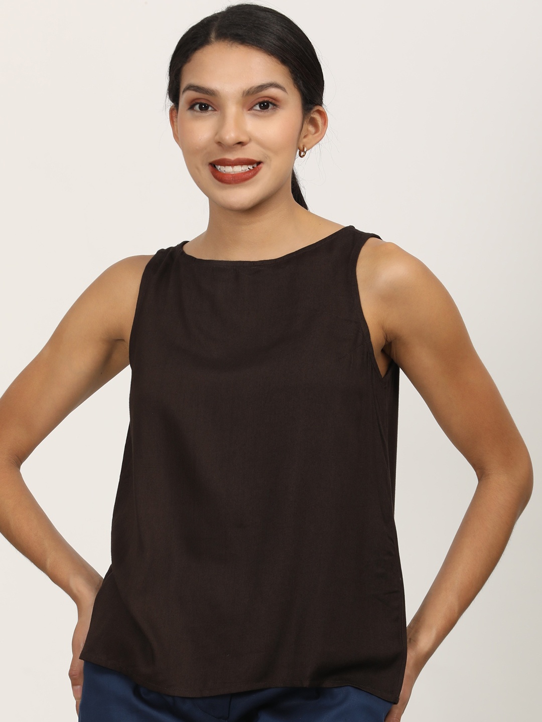

Saltpetre Round Neck Sleeveless Modal Top, Coffee brown