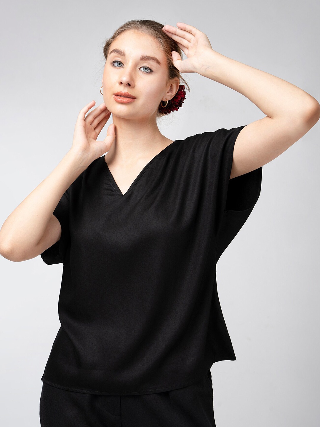 

Saltpetre V-Neck Extended Sleeve Satin Top, Black