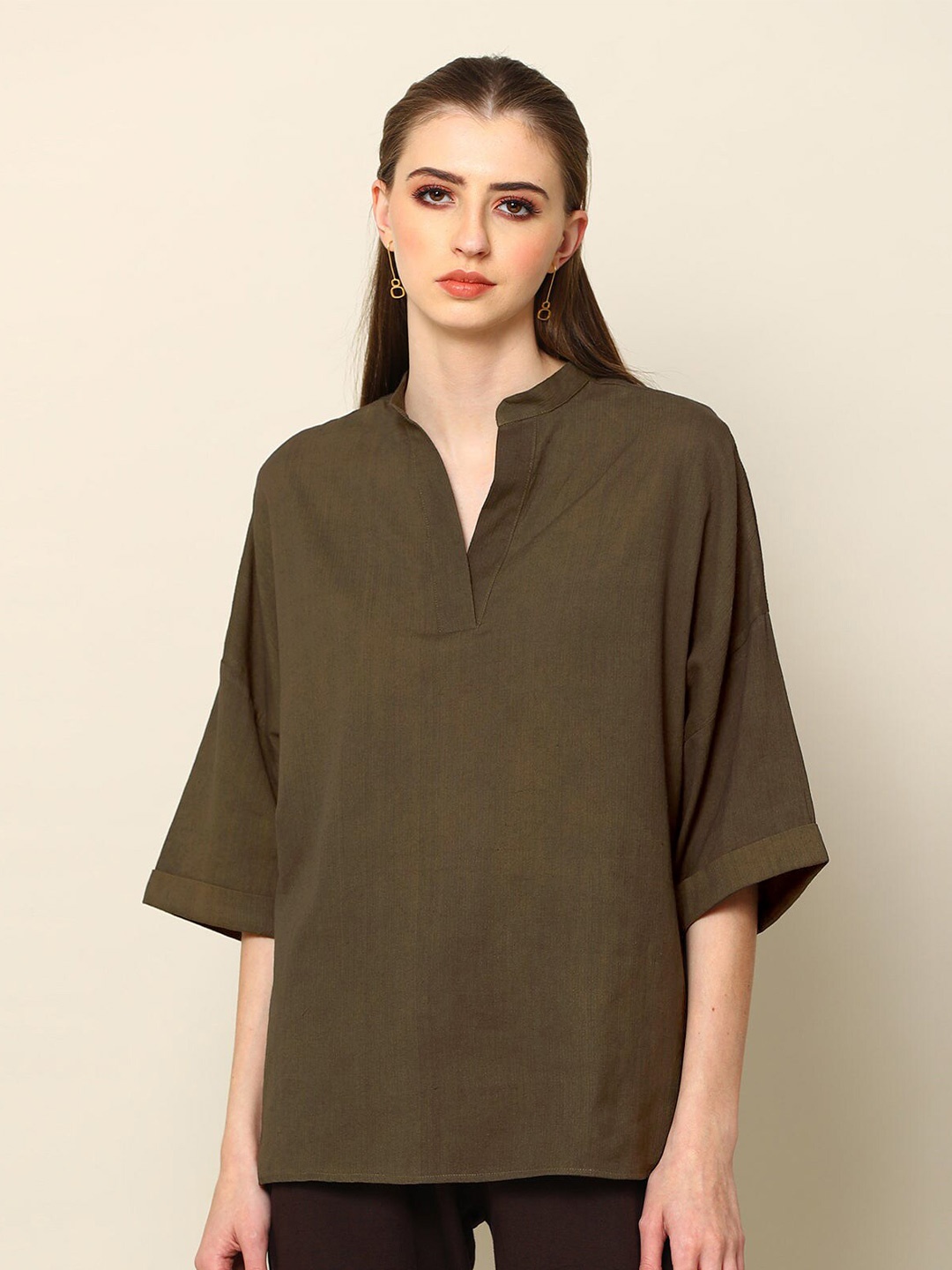 

Saltpetre Mandarin Collar Boxy Top, Olive