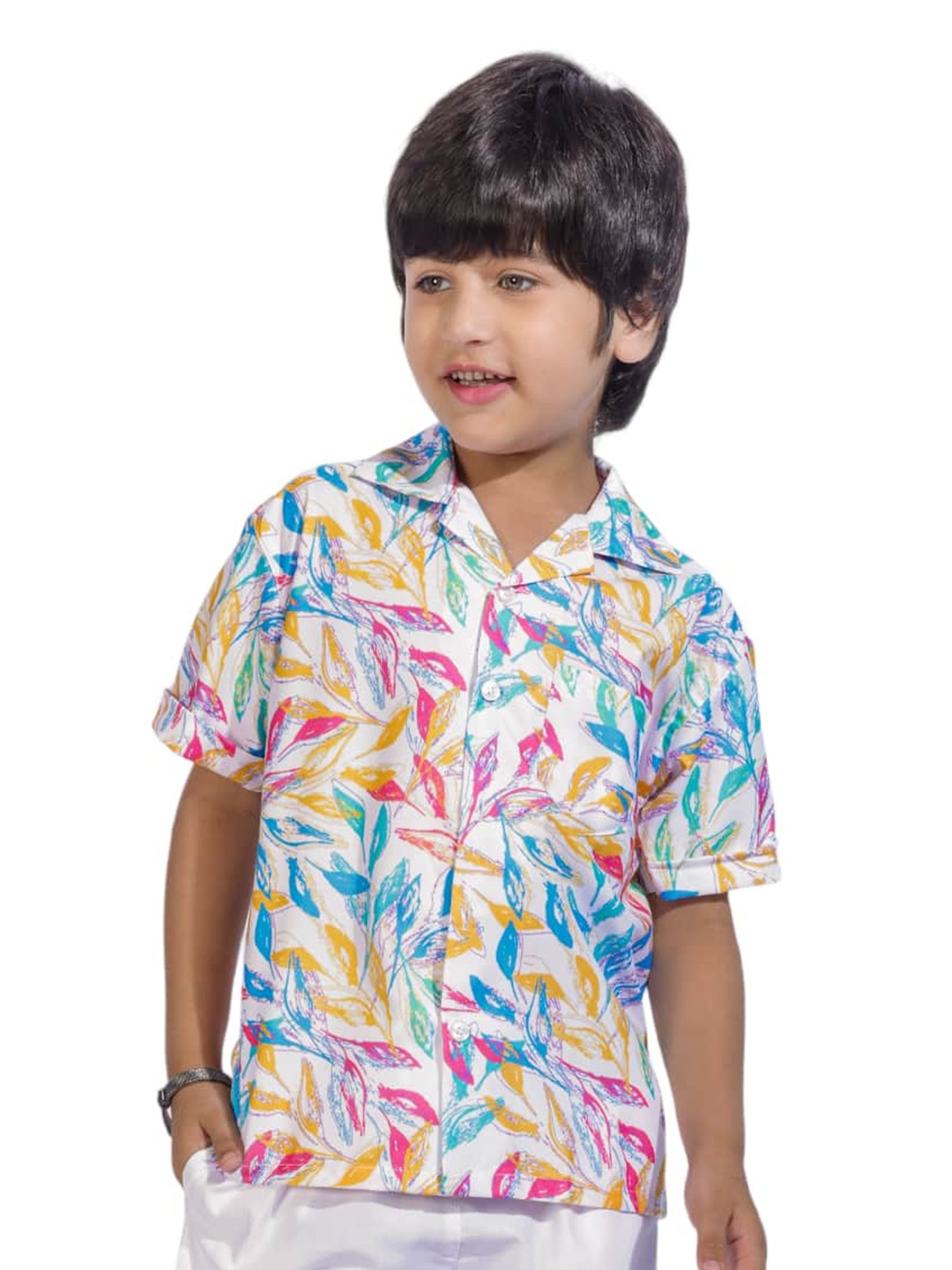 

BAESD Boy Floral Printed Cotton Spread Collar Comfort Shirt With Short, White