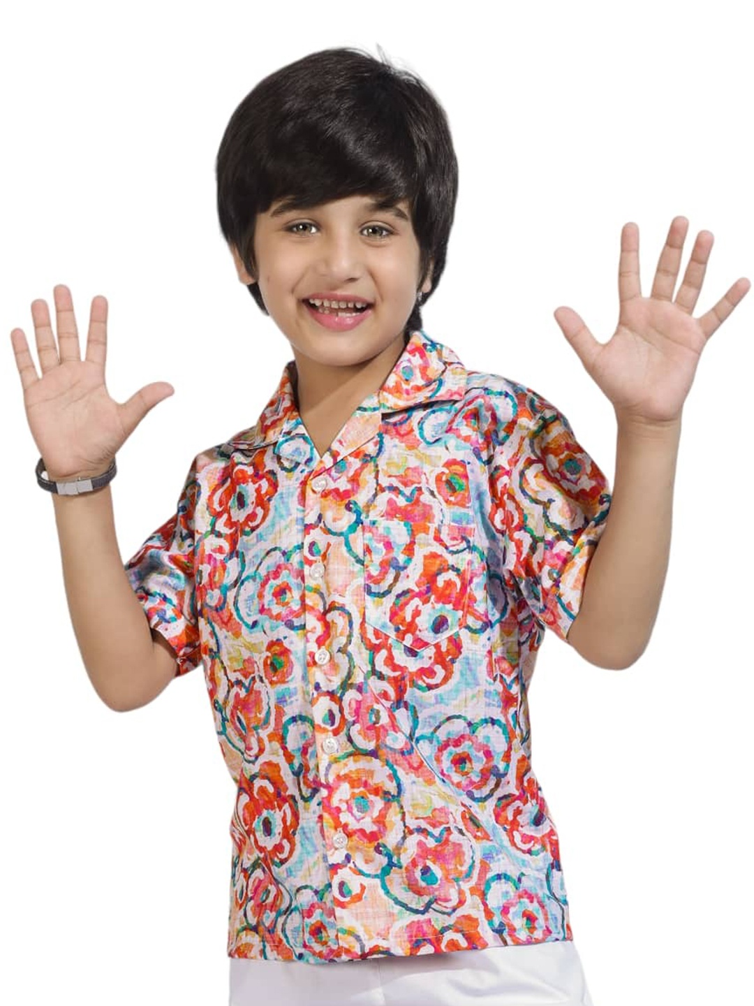 

BAESD Boy Floral Printed Cotton Spread Collar Comfort Shirt With Short, Blue