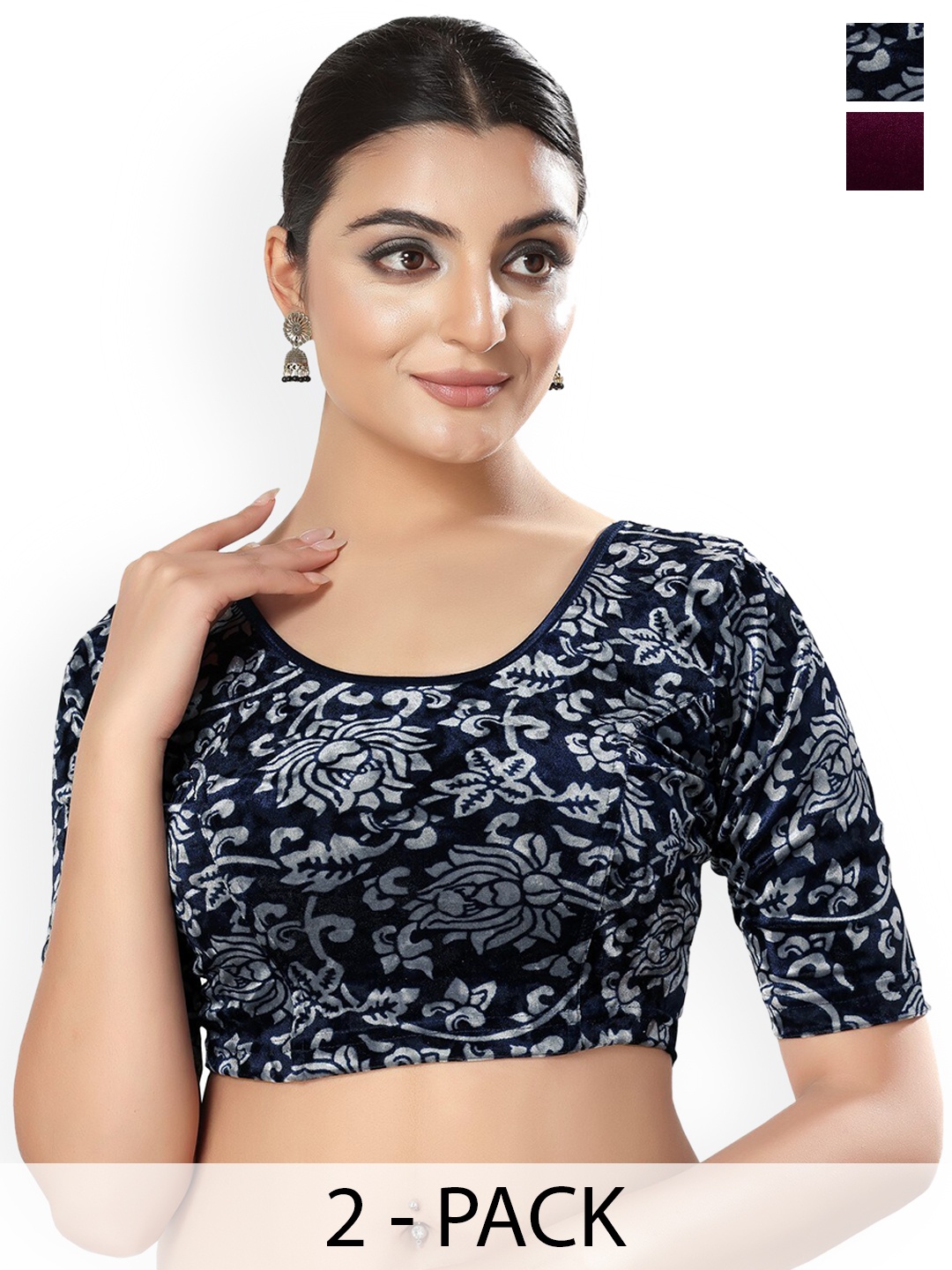 

SALWAR STUDIO Pack Of 2 Round Neck Saree Blouses, Navy blue