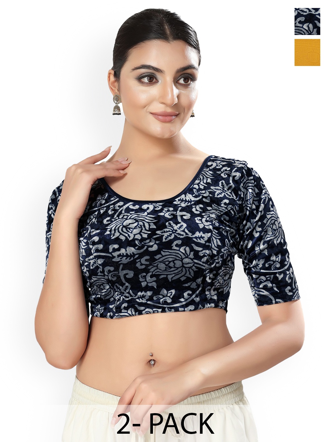 

SALWAR STUDIO Pack Of 2 Printed Saree Blouse, Navy blue