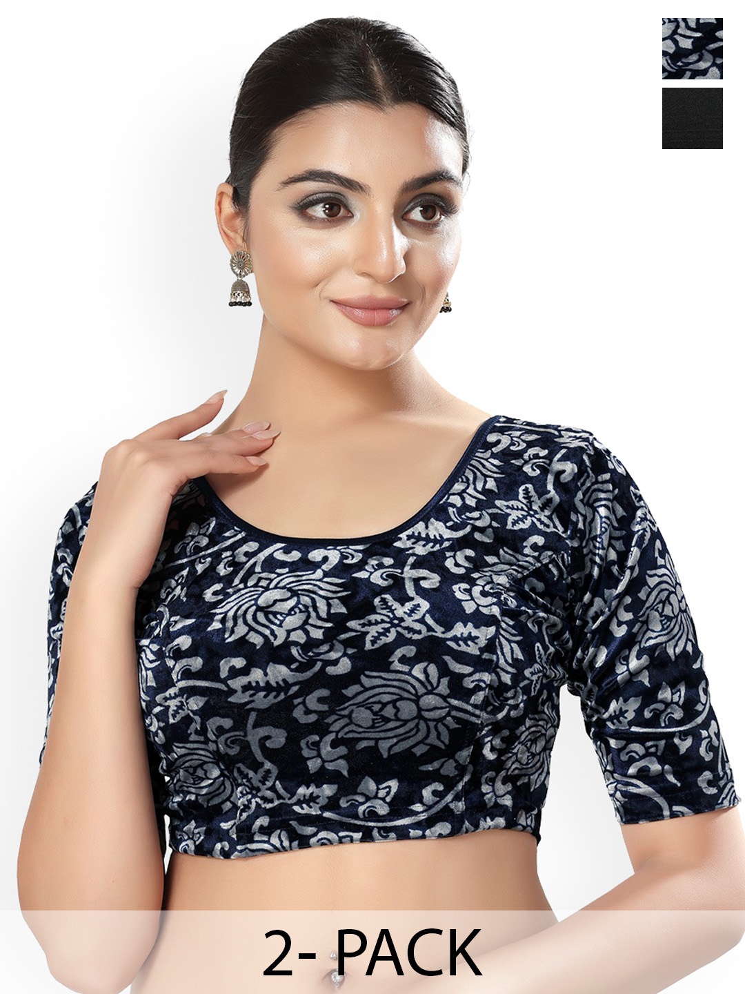 

SALWAR STUDIO Pack Of 2 Saree Blouses, Navy blue