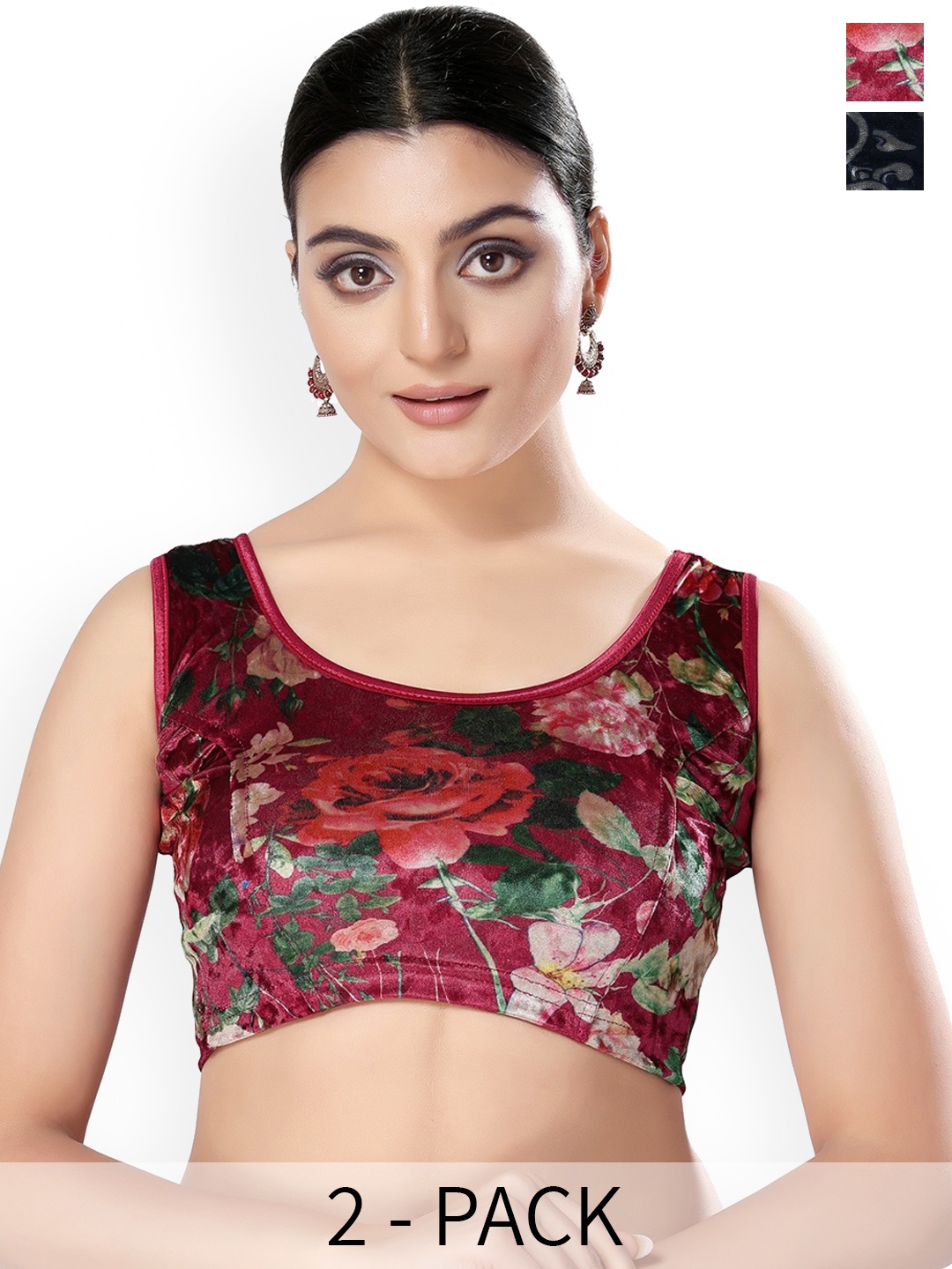 

SALWAR STUDIO Pack Of 2 Printed Saree Blouse, Navy blue