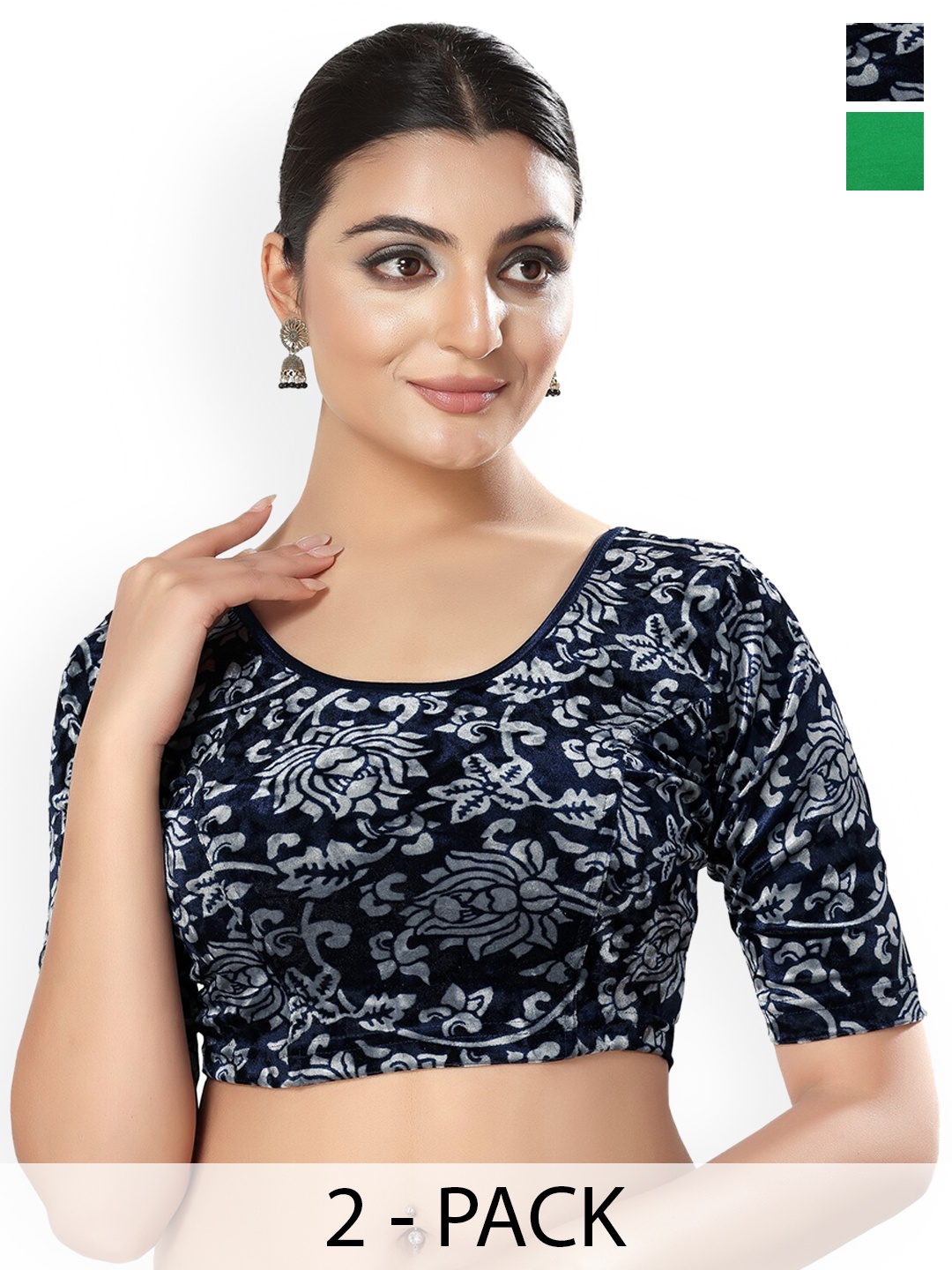 

SALWAR STUDIO Pack Of 2 Round Neck Saree Blouses, Navy blue
