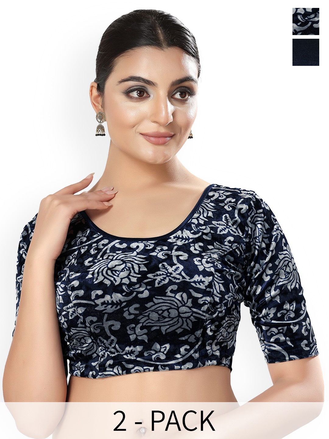 

SALWAR STUDIO Pack Of 2 Printed Saree Blouse, Navy blue