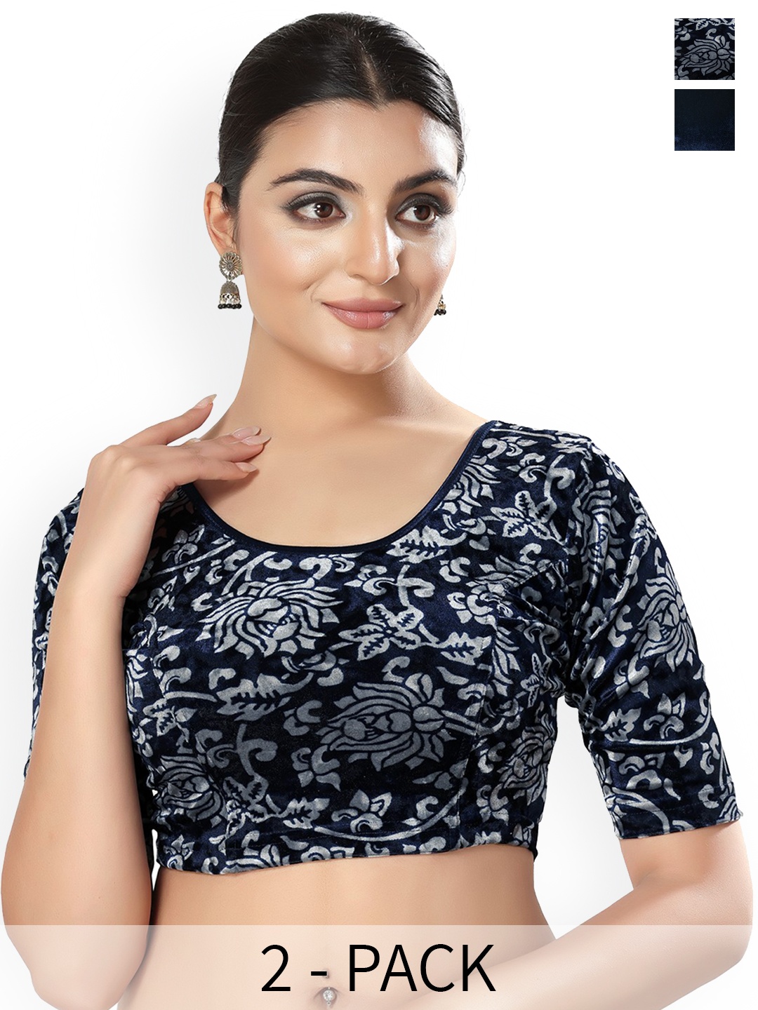 

SALWAR STUDIO Pack Of 2 Printed Saree Blouse, Navy blue
