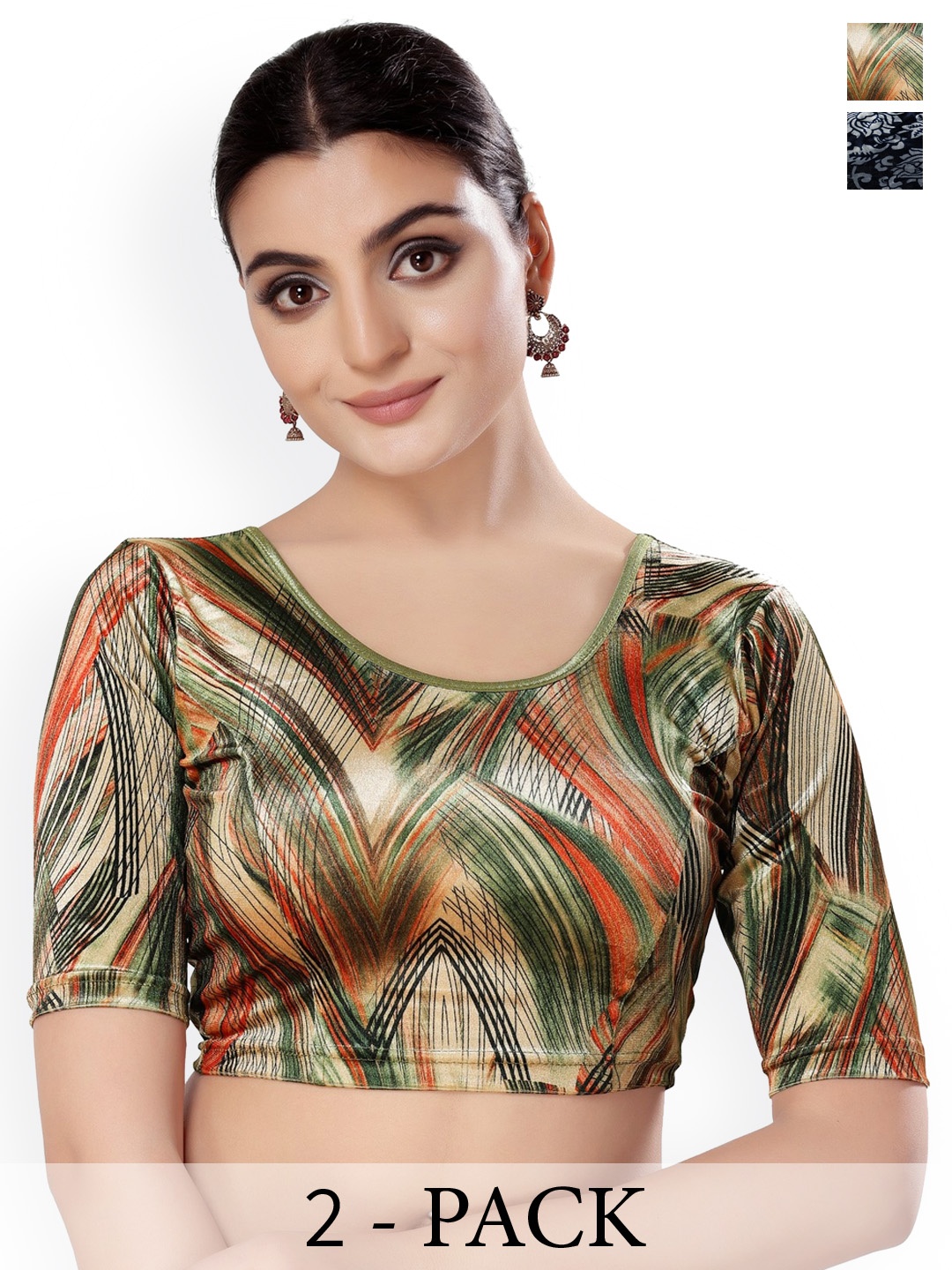 

SALWAR STUDIO Pack Of 2 Printed Saree Blouse, Navy blue