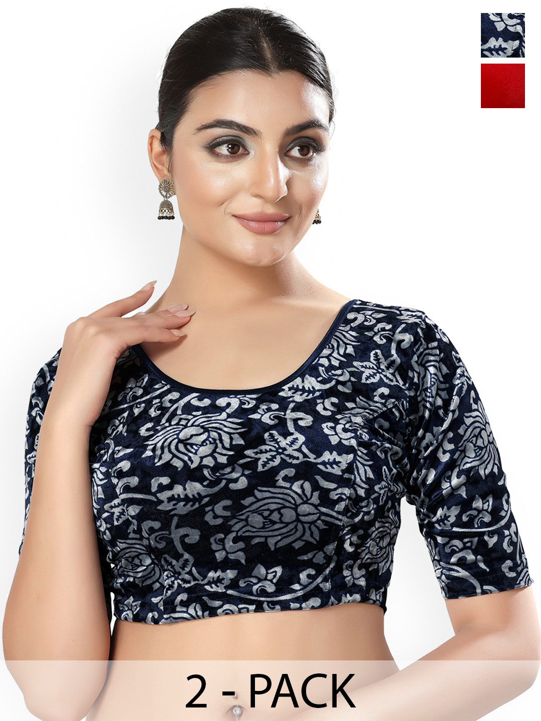 

SALWAR STUDIO Pack Of 2 Printed Saree Blouse, Navy blue